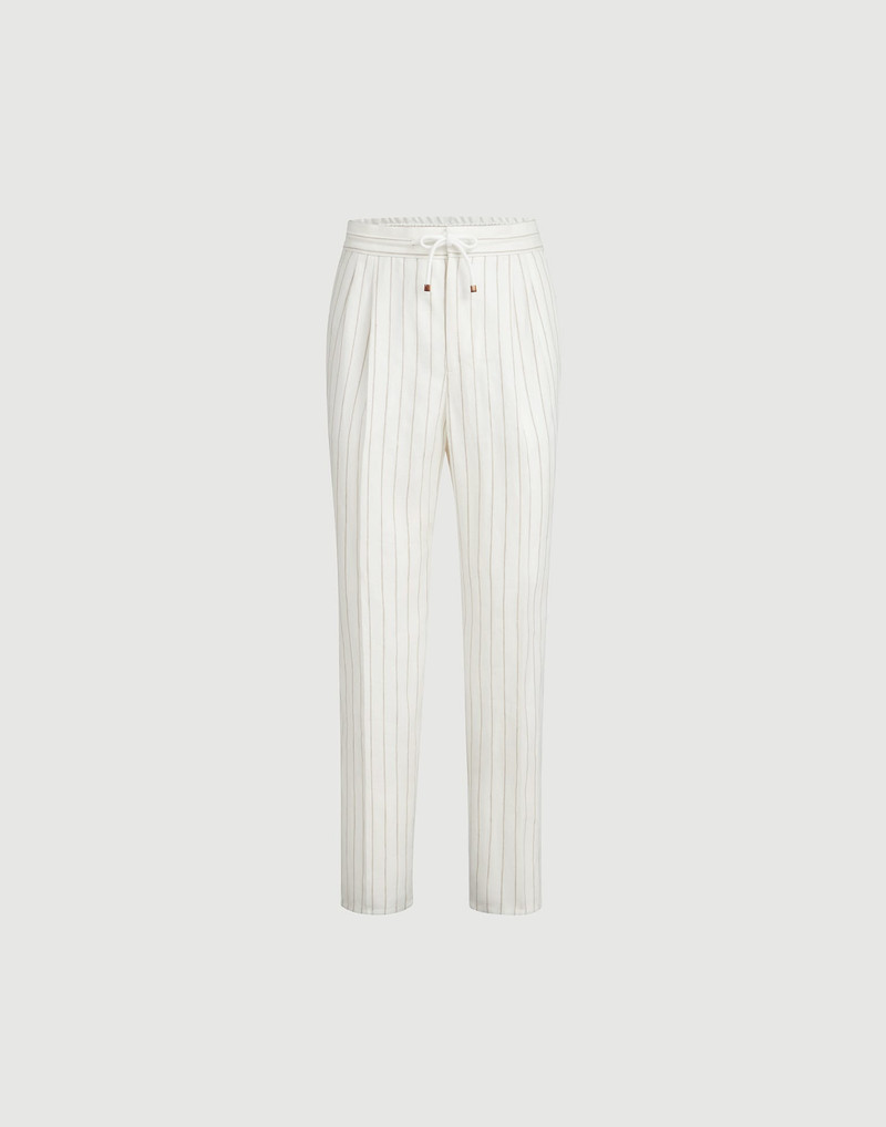 Chalk stripe linen twill trousers with drawstring and double pleats 1