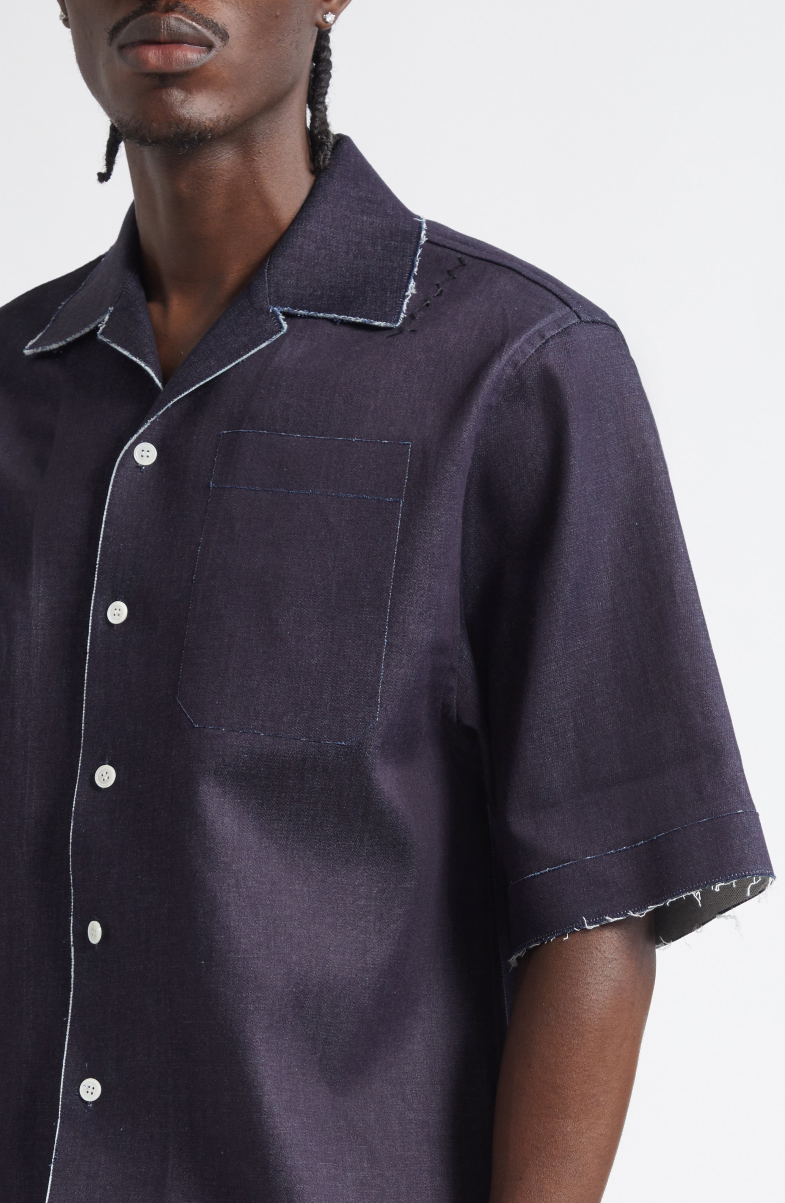Marni Trompe l'Oeil Stretch Denim Bowling Shirt in Unb99 Blue/Black at Nordstrom - 4
