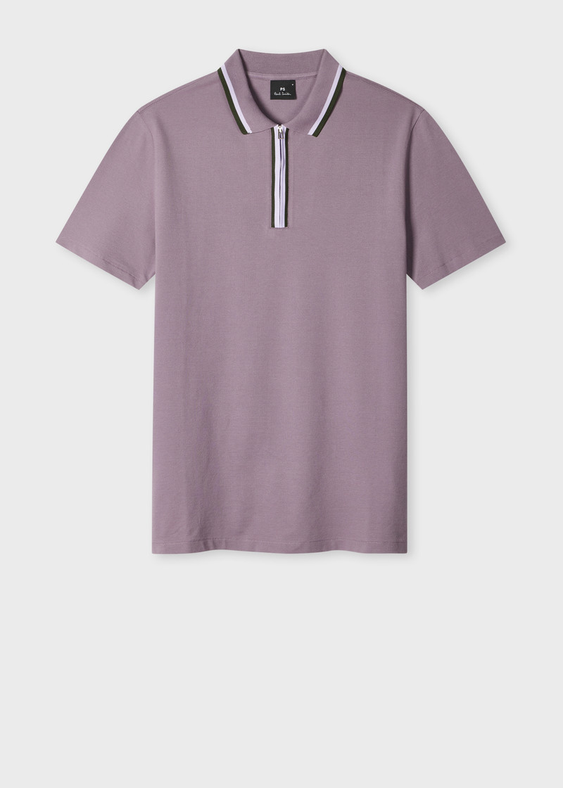 Washed Mauve Contrast Tipping Zip Polo Shirt 1