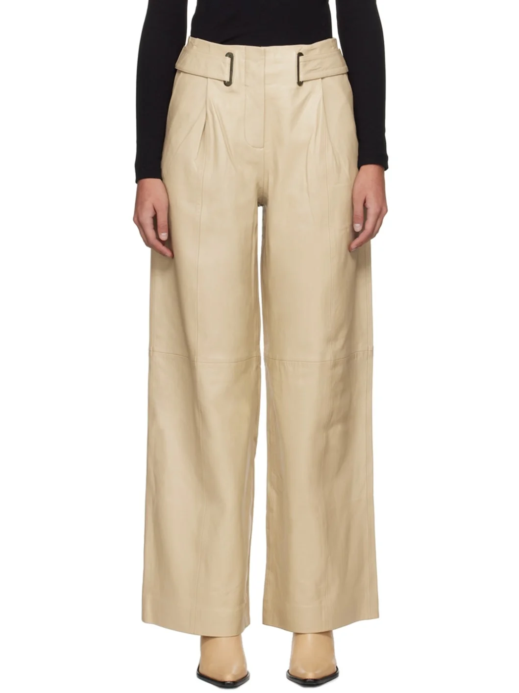 Beige Eyelet Leather Pants - 1