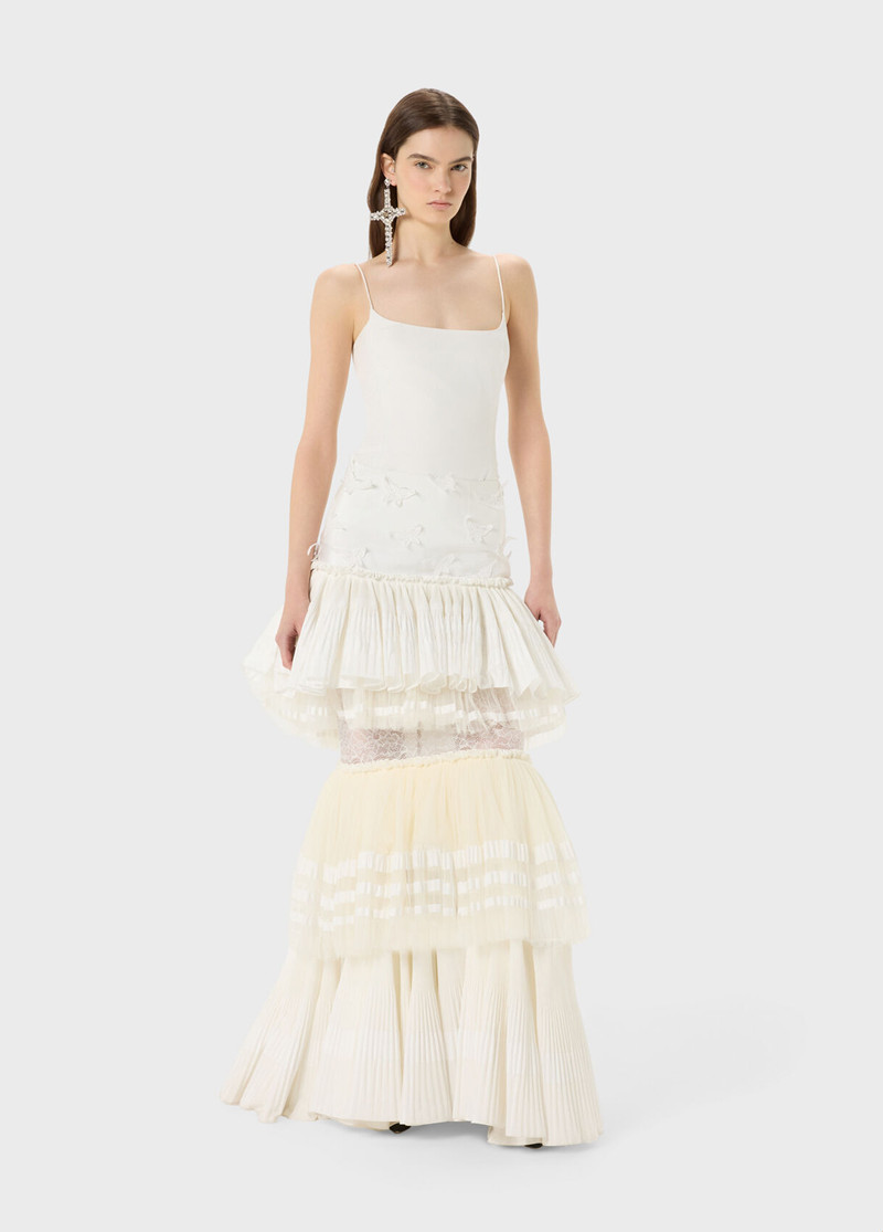 LONG TAFFETA DRESS WITH TULLE RUFFLES AND LACE INSERTS 5