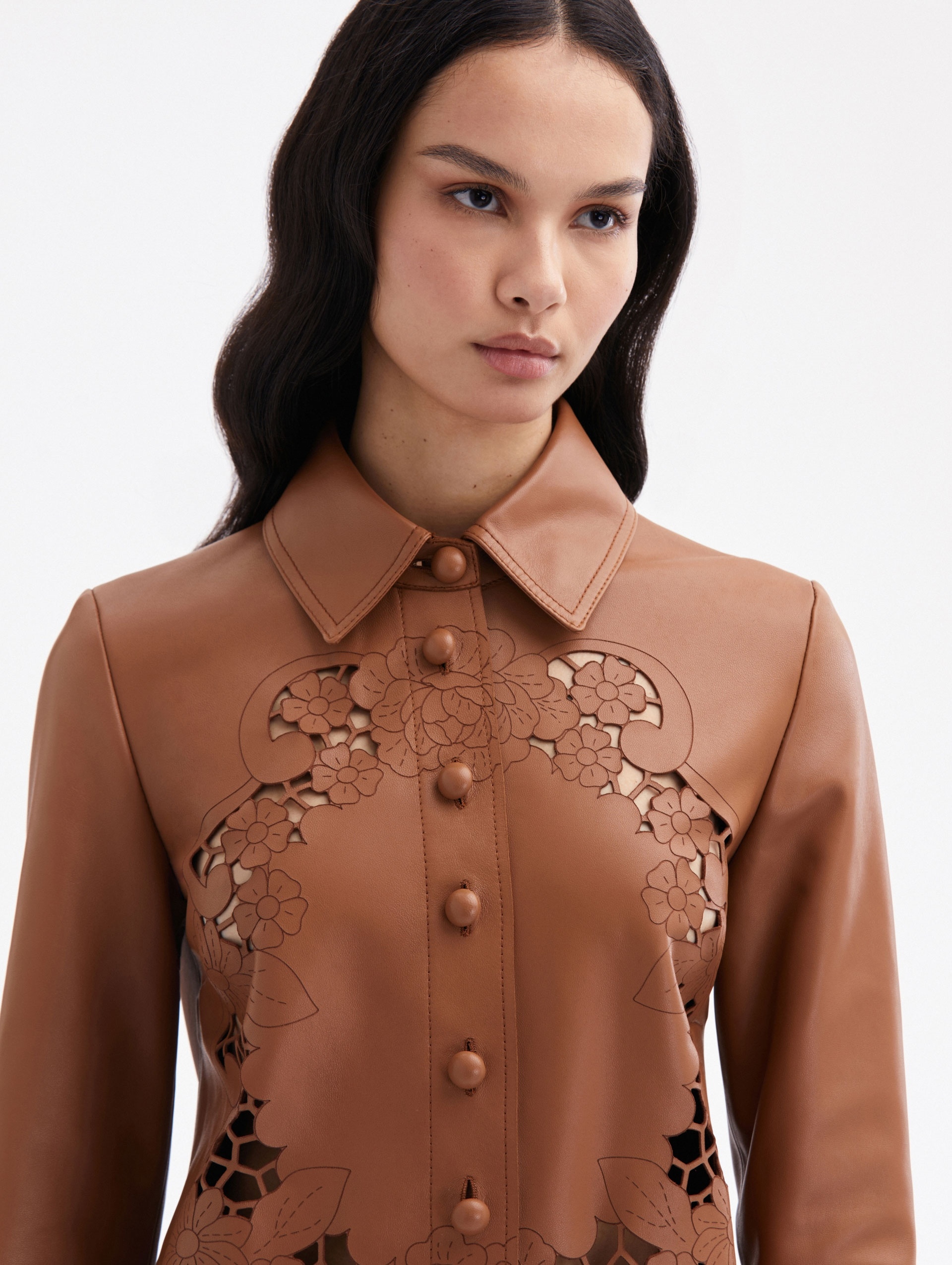 LASER CUT FLORAL LEATHER BLOUSE - 4