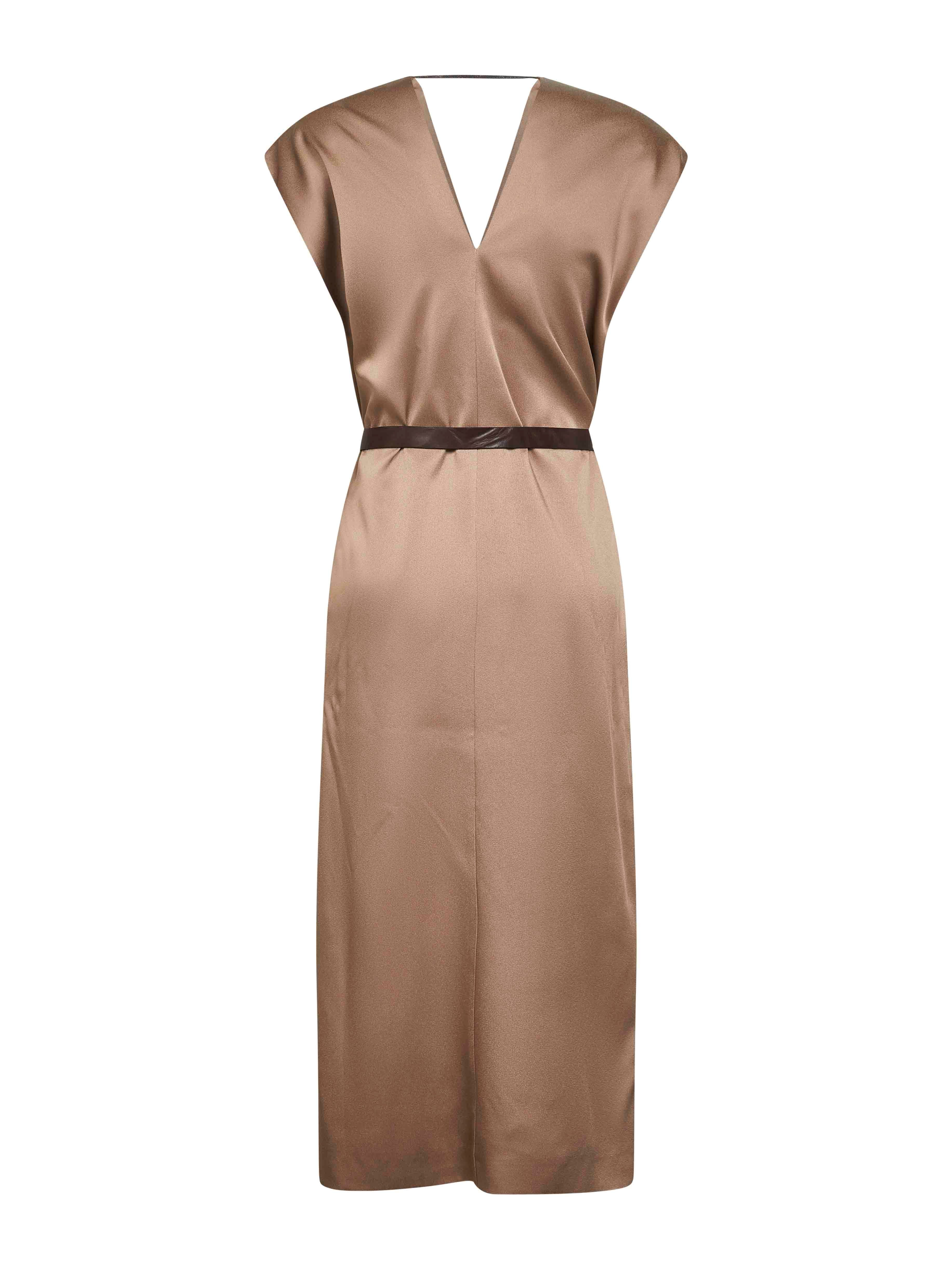 Taupe cady satin belted midi dress - 2