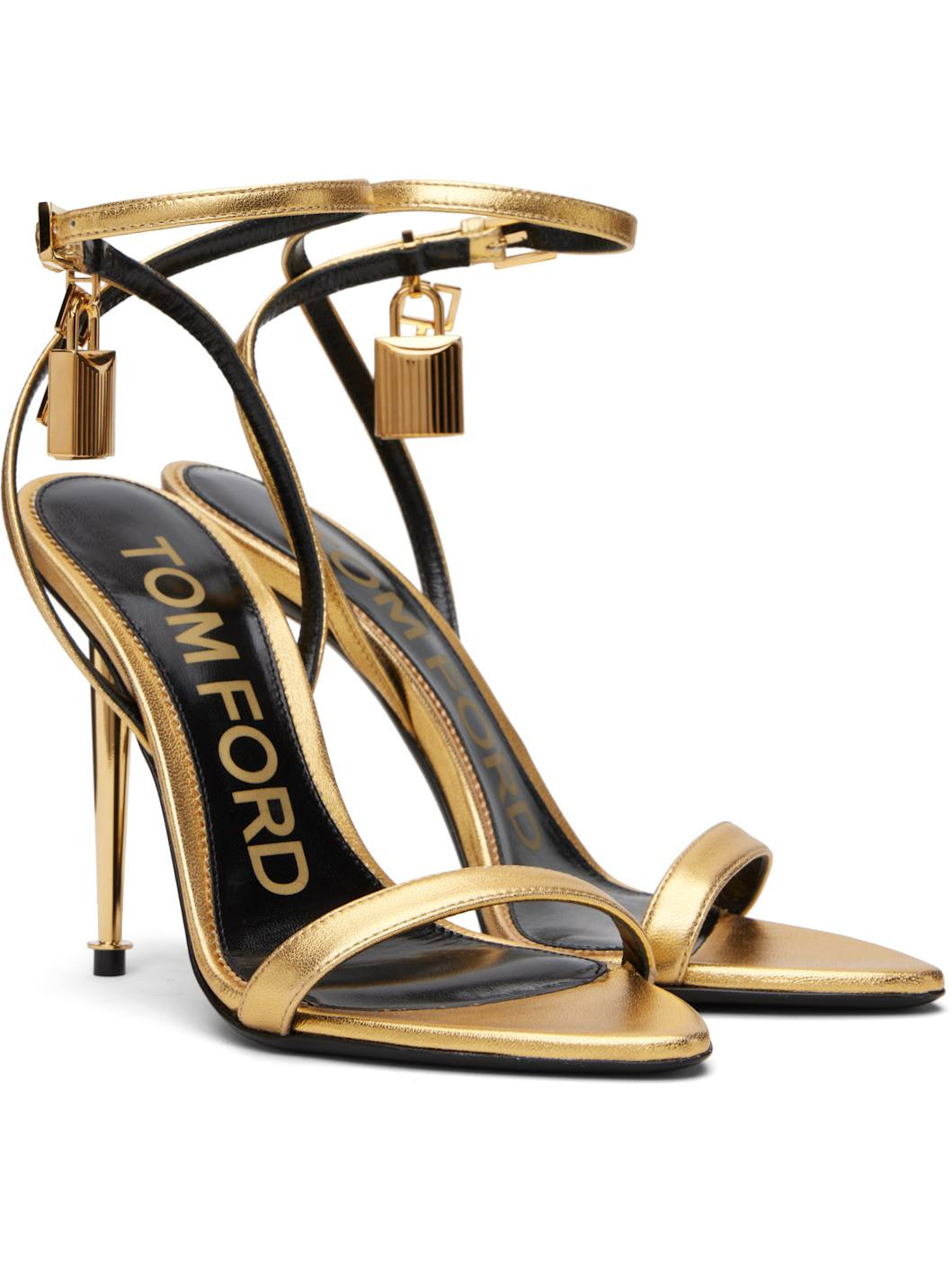 Gold Nappa Padlock Pointy Naked Heeled Sandals - 4