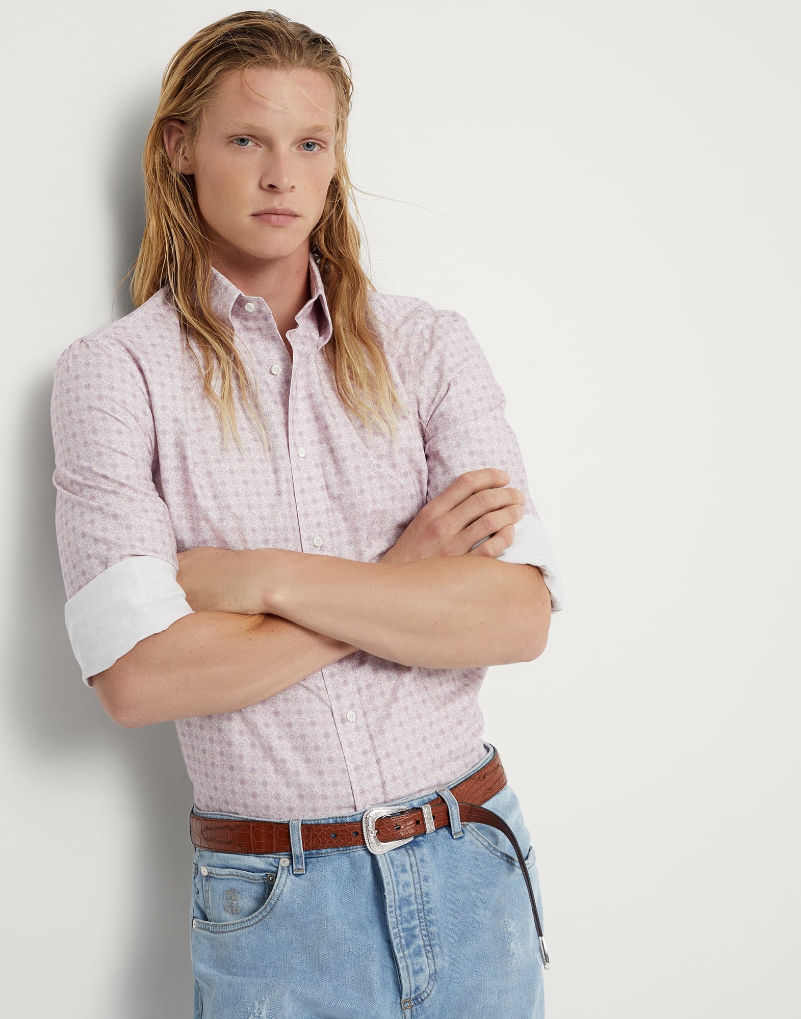 Cotton slim fit shirt with geometric pattern and button-down collar - 4