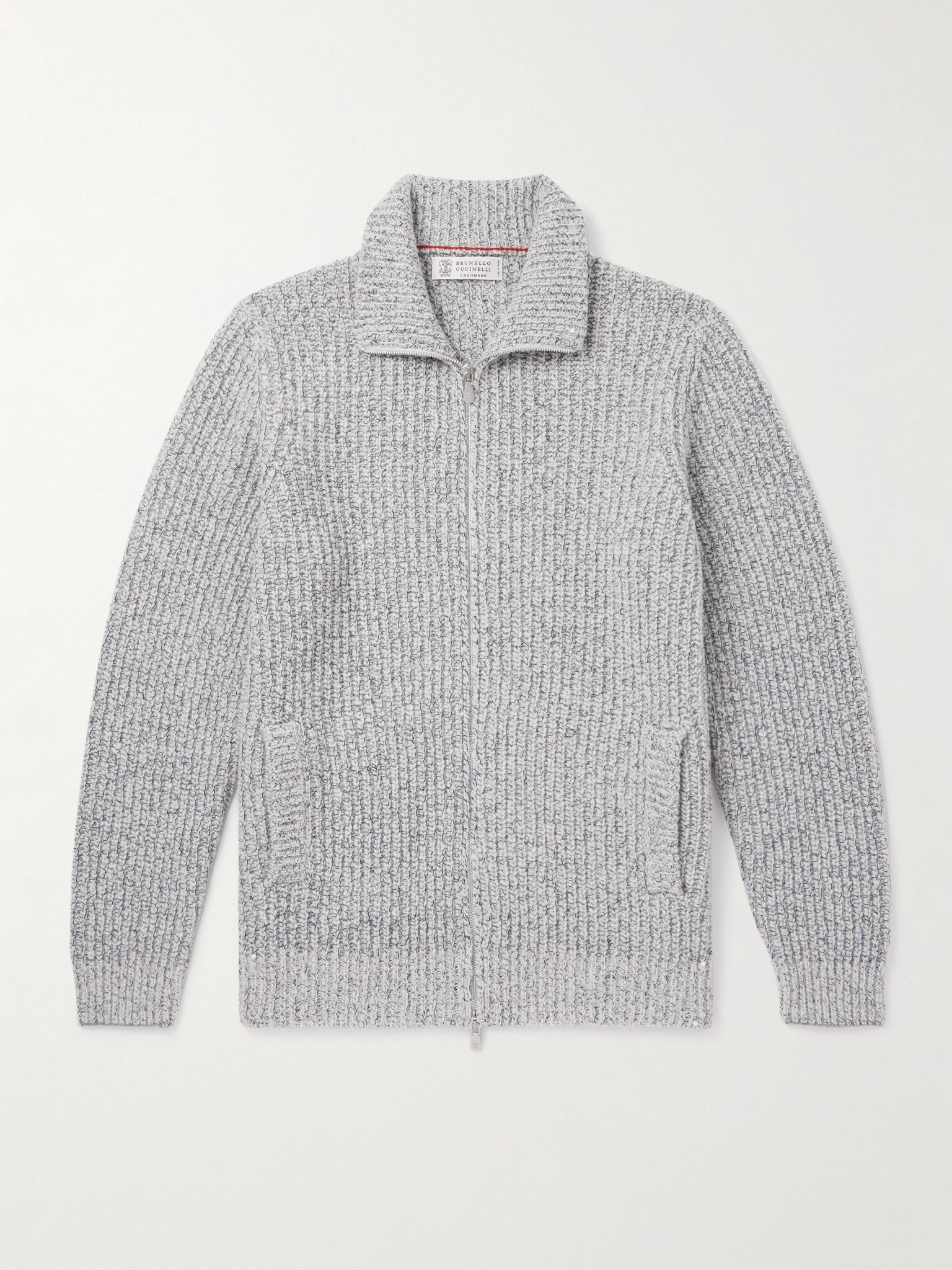 Ribbed Wool, Silk and Cashmere-Blend Zip-Up Cardigan Ecru - 1