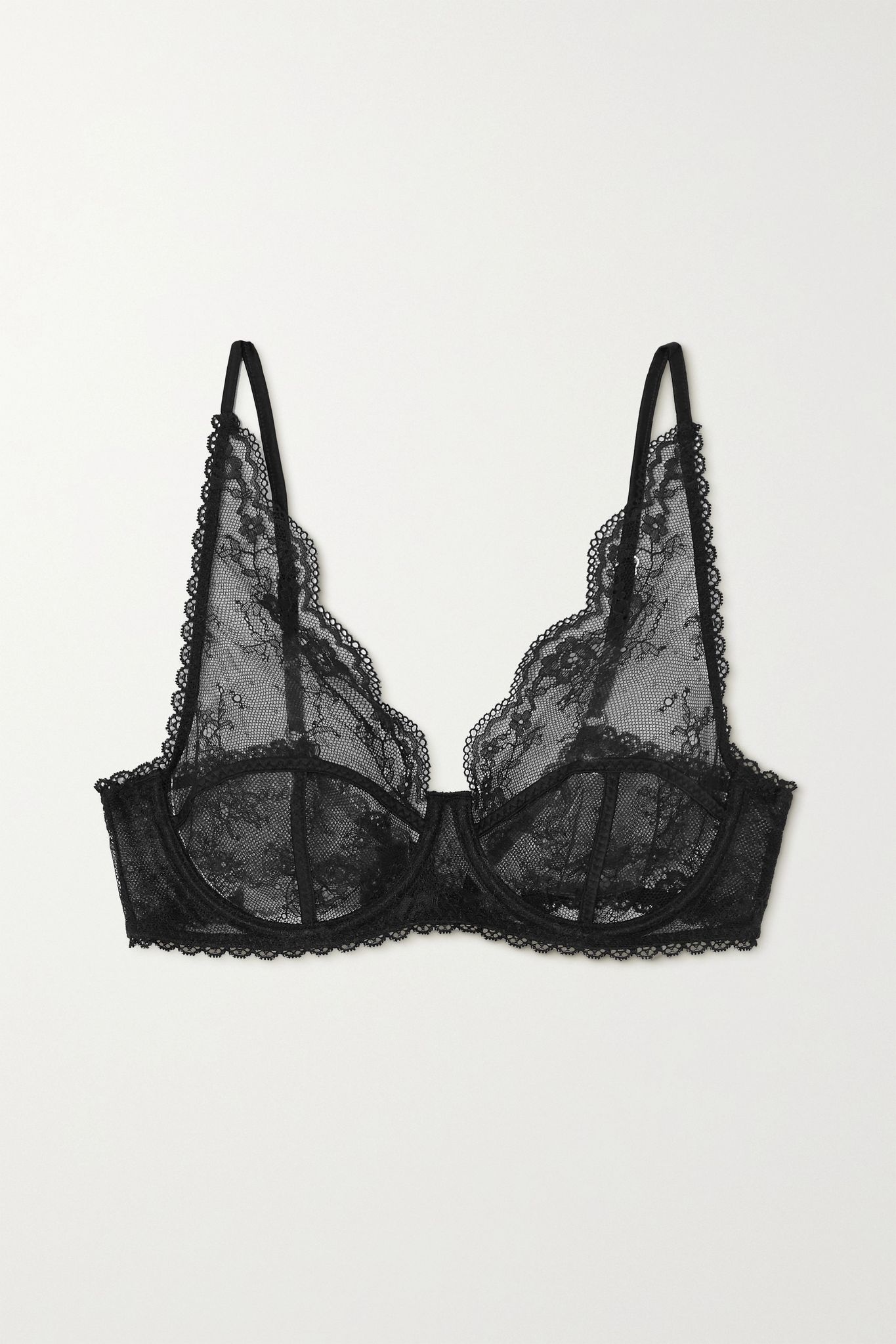 Satin-trimmed lace underwired soft-cup bra - 1