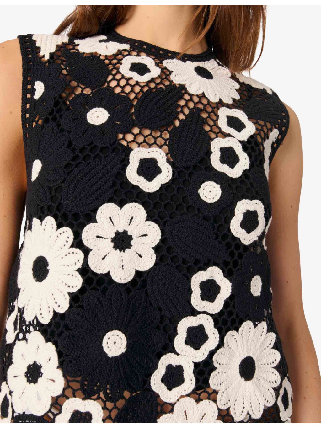 Floral-Pattern Sleeveless Cotton-Crochet Top - 5