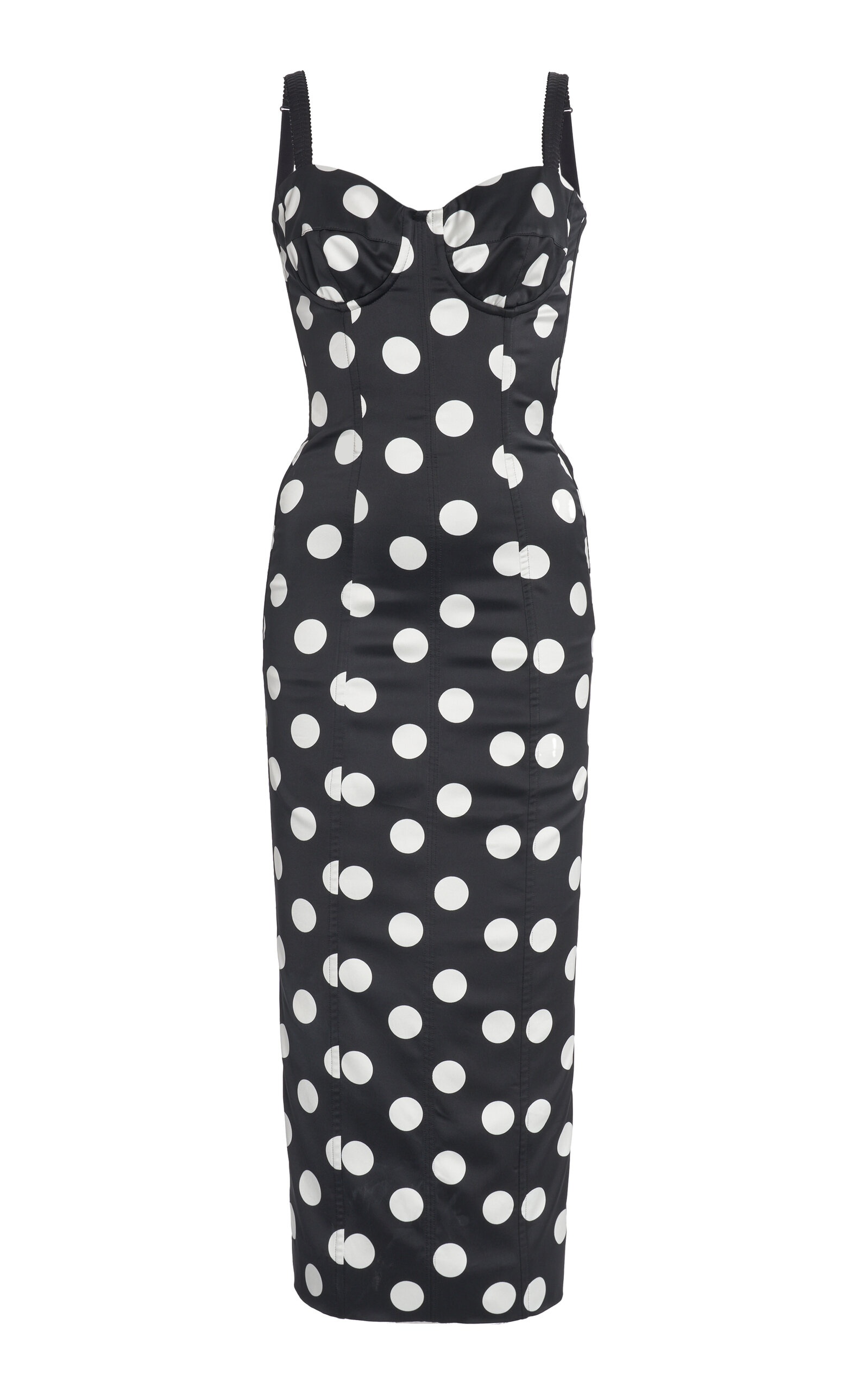 Corseted Polka-Dot Satin Midi Dress black/white - 1