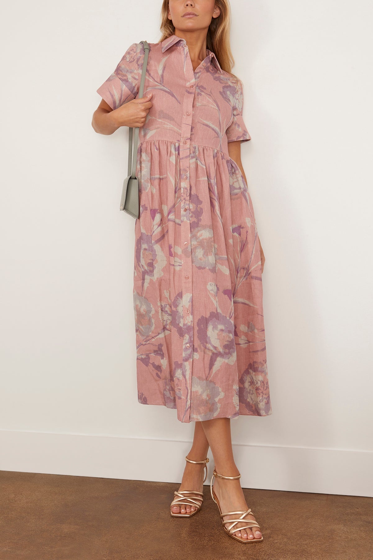 送料込/関税込■ERDEM■ベルト付きコットン混シャツドレス Erdem Short Sleeve Shirt Dress in Carnation Cyanotype Rose
