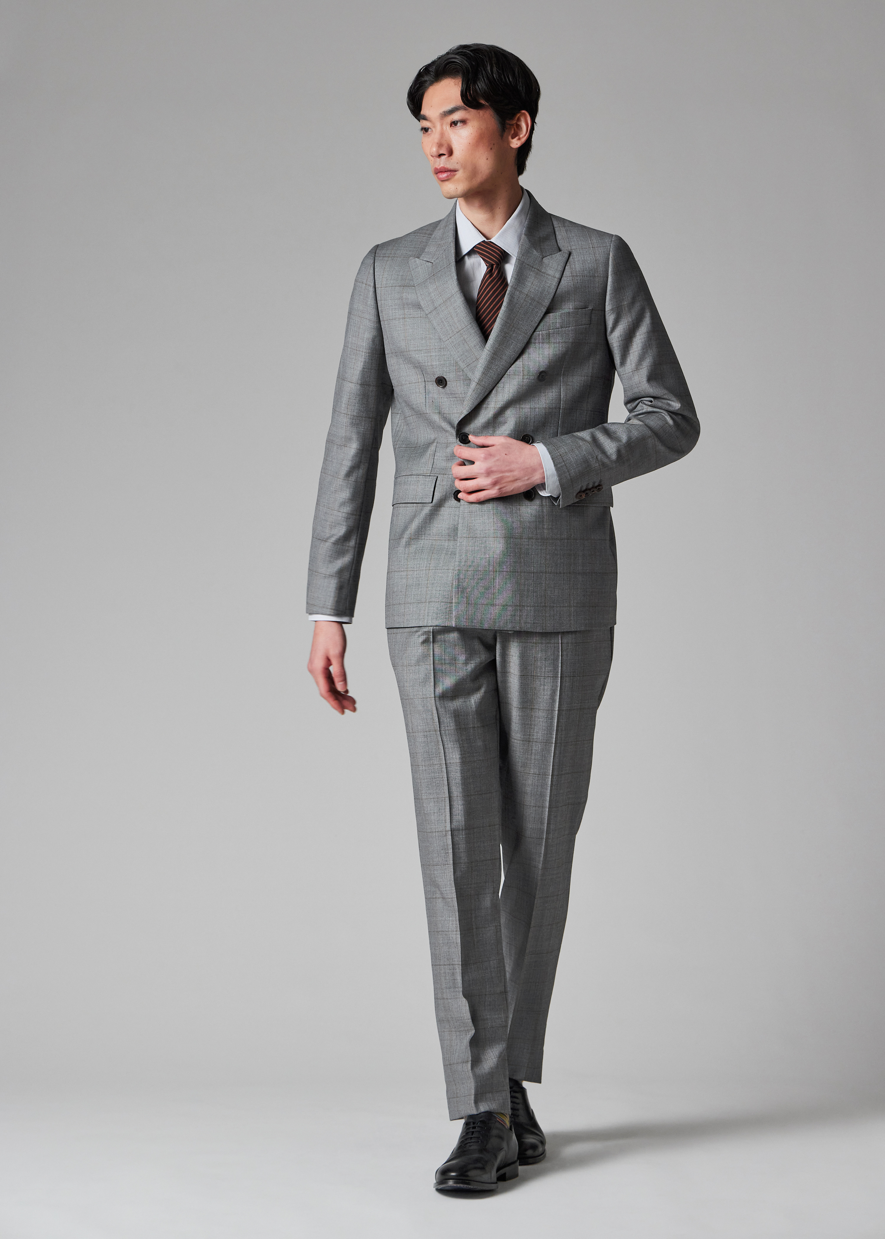 Grey Windowpane Check Wool Double-Breasted Suit - 6