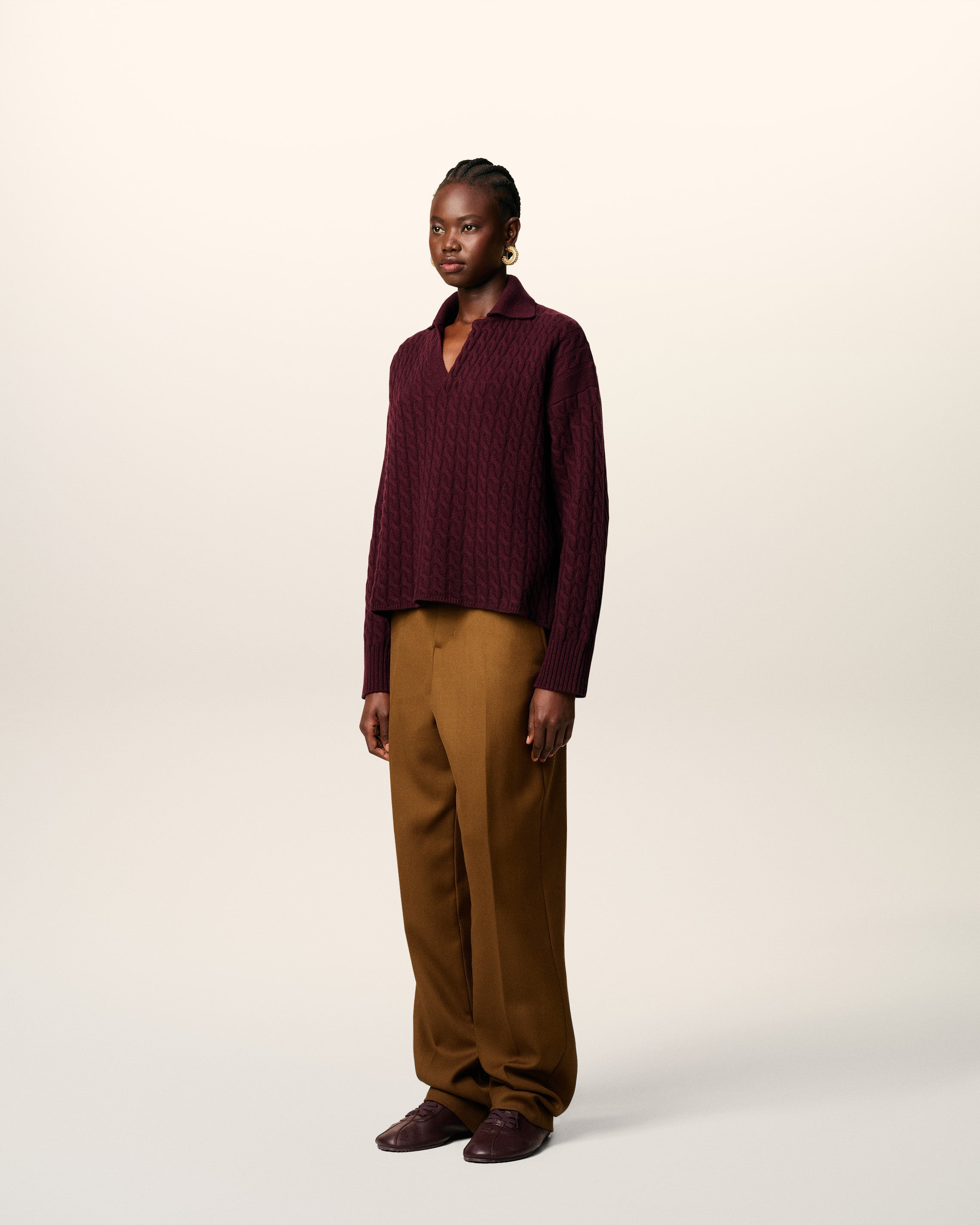 BURGUNDY WOOL CABLES KNIT POLO - 11