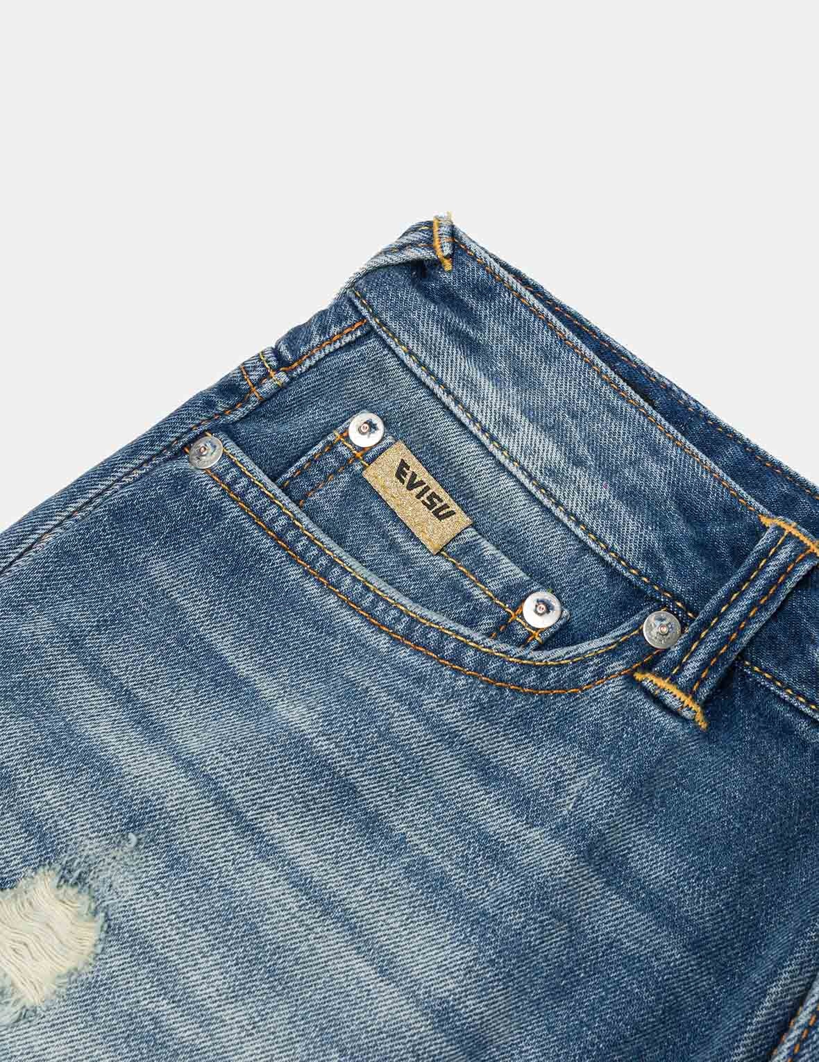 Deconstructed Seagull and Logo Applique Relax Fit Denim Shorts - 7