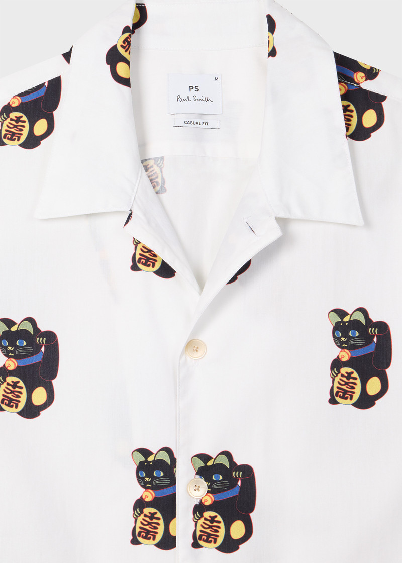 Paul Smith White 'Lucky Cat' Print Short-Sleeve Shirt outlook