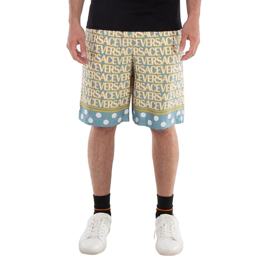 Versace Men's Light Blue/Ivory All-Over Logo Print Shorts - 3