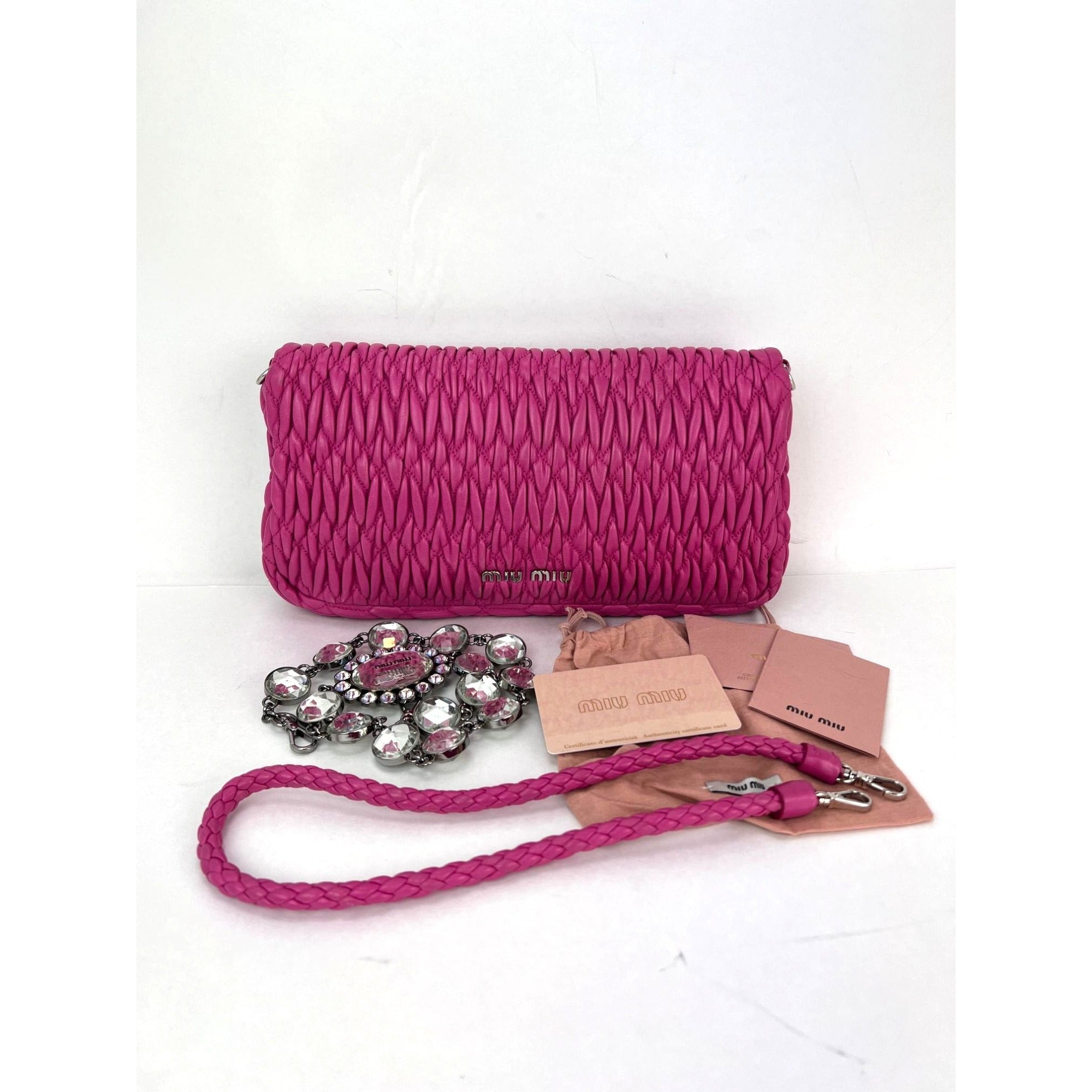 MiuMiu - MiuMui Pink Lambskin Nappa Crystal Shoulder Clutch Bag - 2