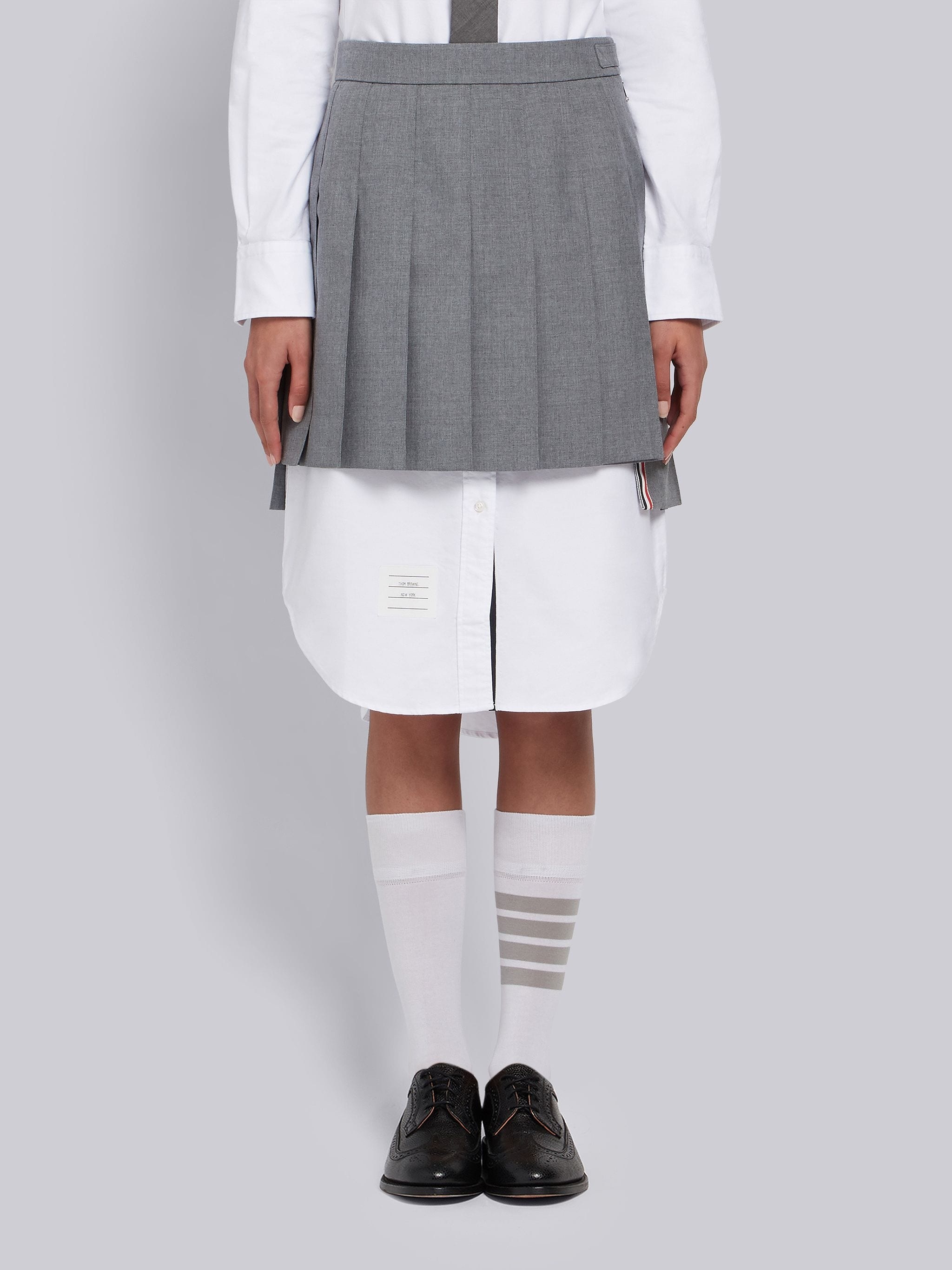 Medium Grey School Uniform Plain Weave Grosgrain Stripe Dropped Back Pleated Mini Skirt - 1