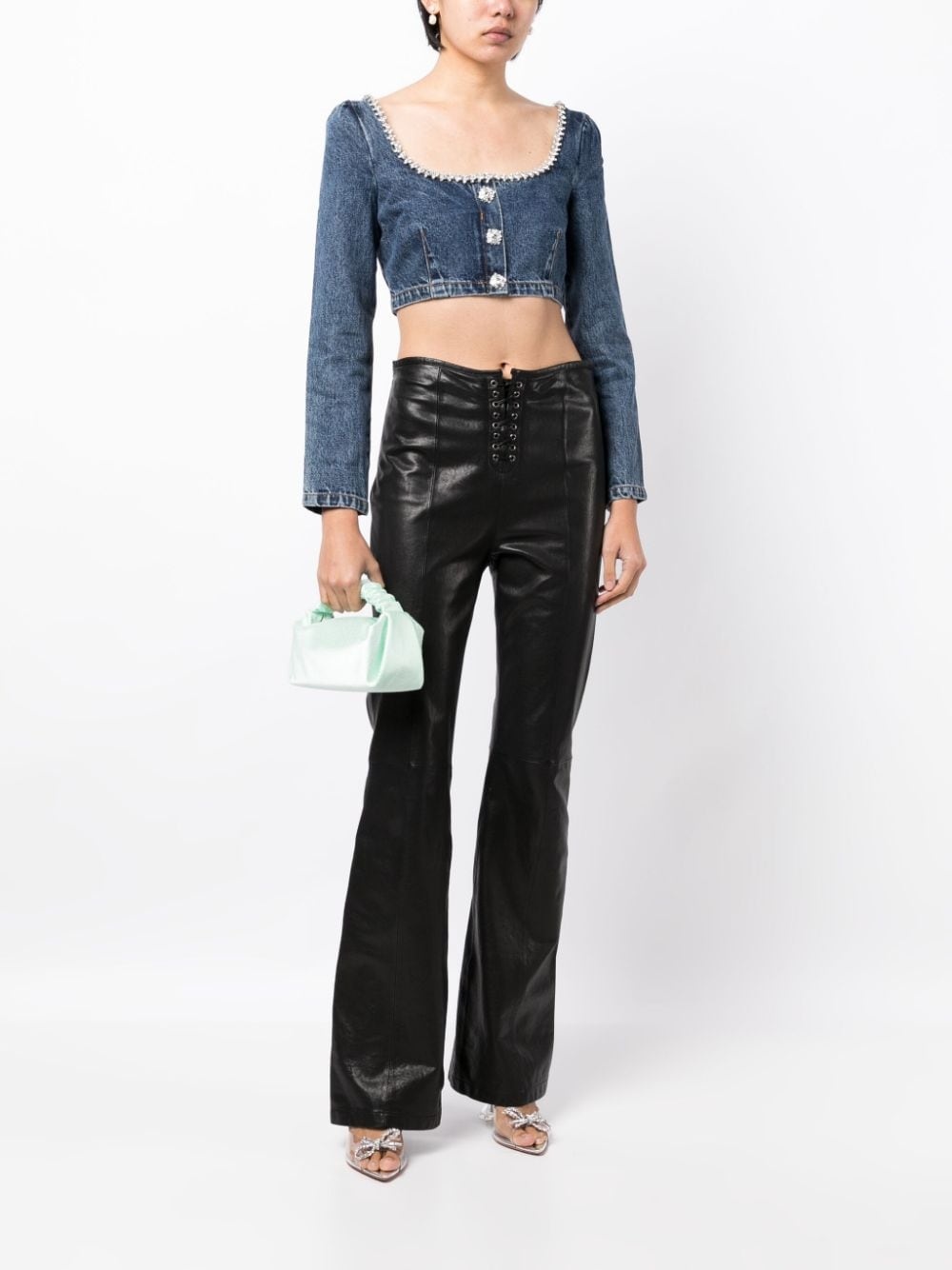 crystal-embellished cropped denim top - 2