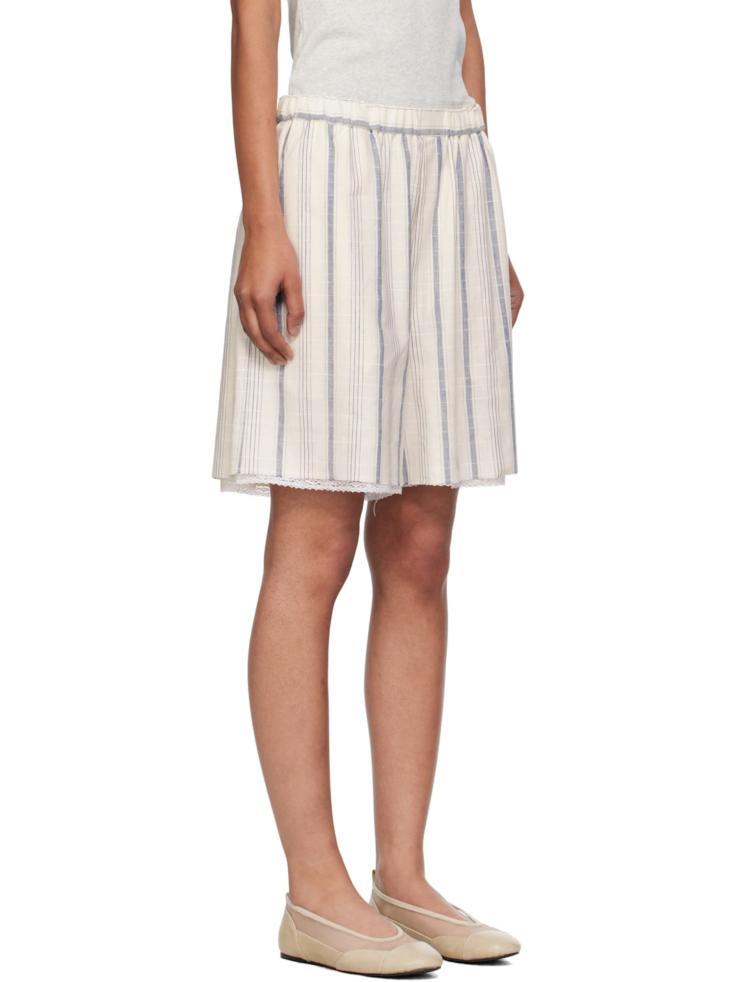 White Striped Bermuda With Lace Shorts - 2