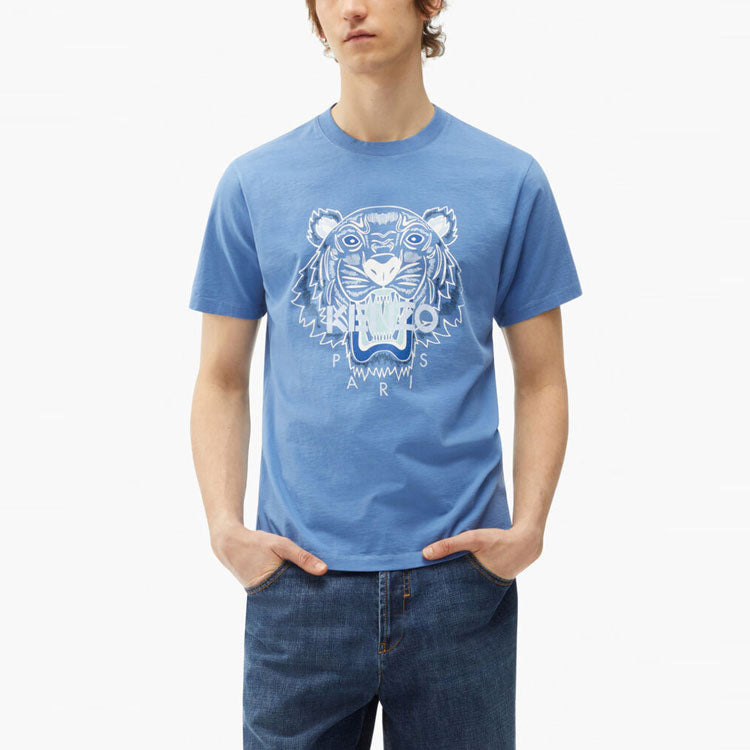 Men's KENZO FW21 Printing Tiger Head Round Neck Short Sleeve Blue T-Shirt FB65TS0204YA-72 - 3