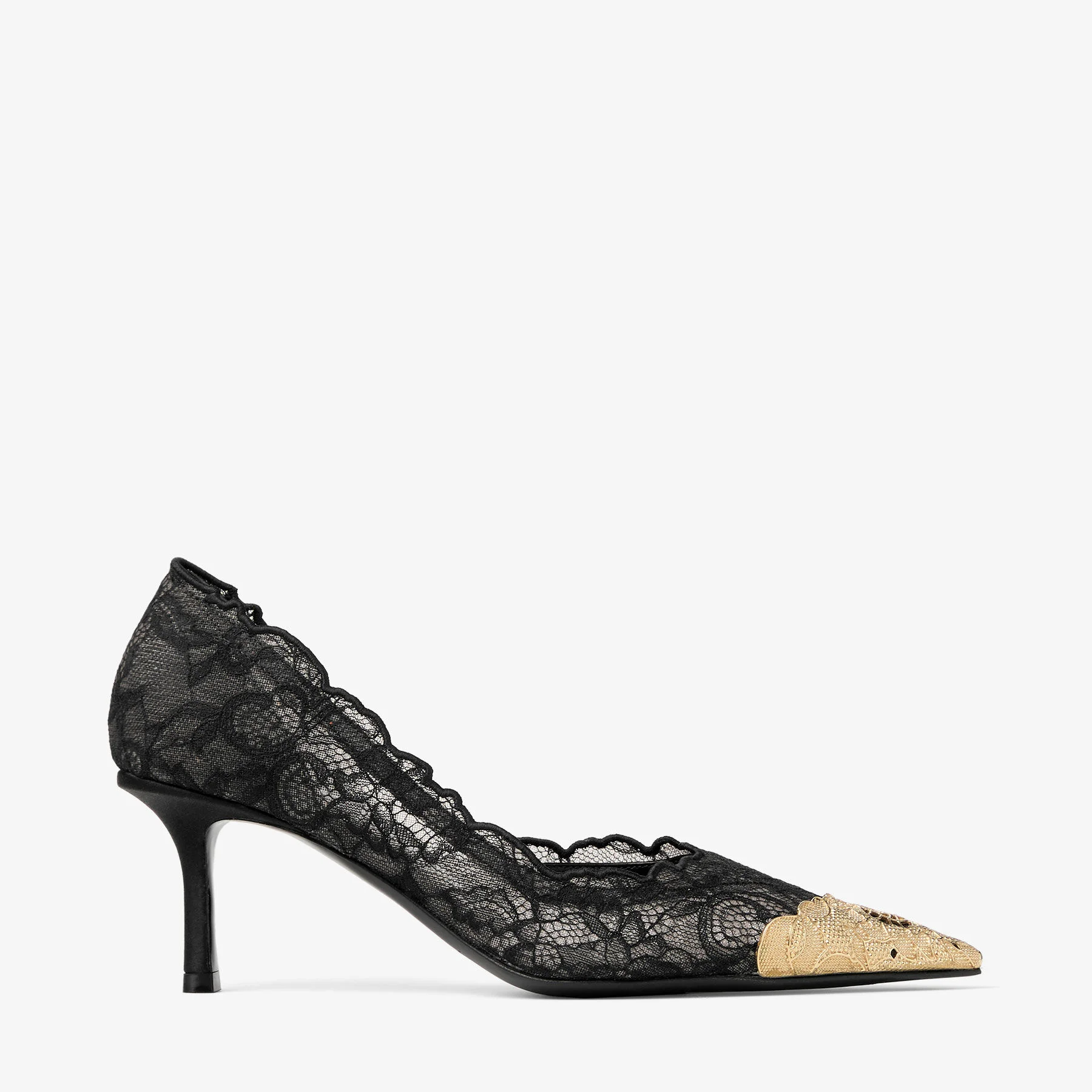 Faiz Pump 65 Black and Vintage Gold Jimmy Choo Lace Pumps with Metal Lace Detail - 1