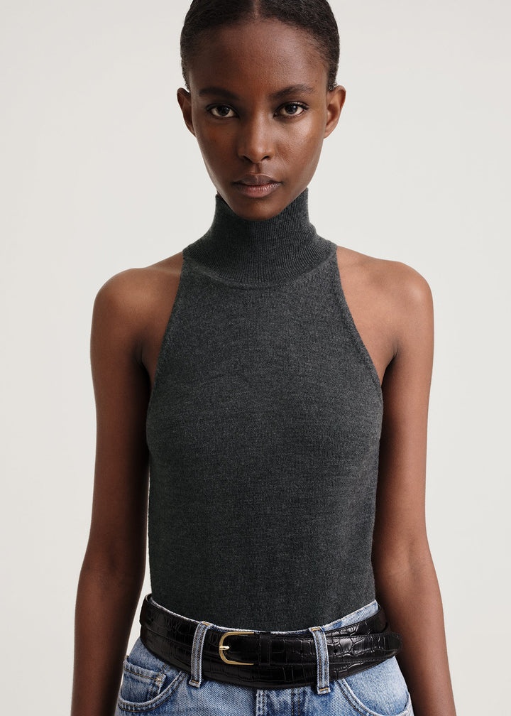 Ribbed neck wool top dark grey mélange - 4