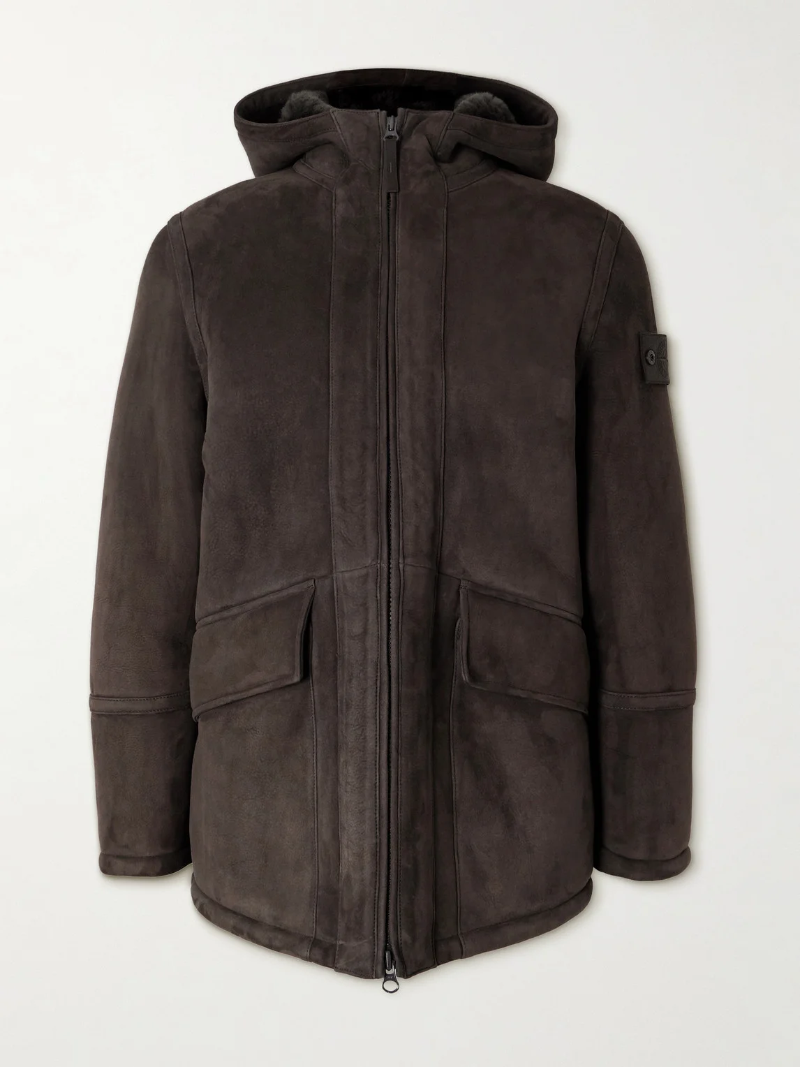 STONE ISLAND GHOST Logo-Appliquéd Shearling Hooded Jacket - 1