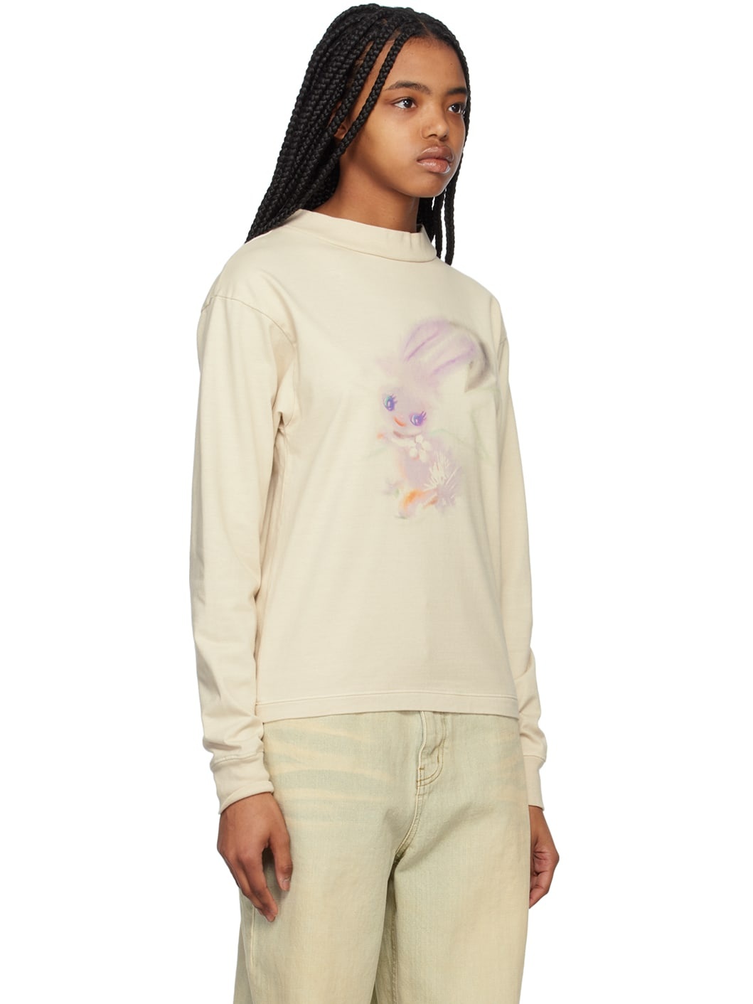 Beige Crewneck Long Sleeve T-Shirt - 2