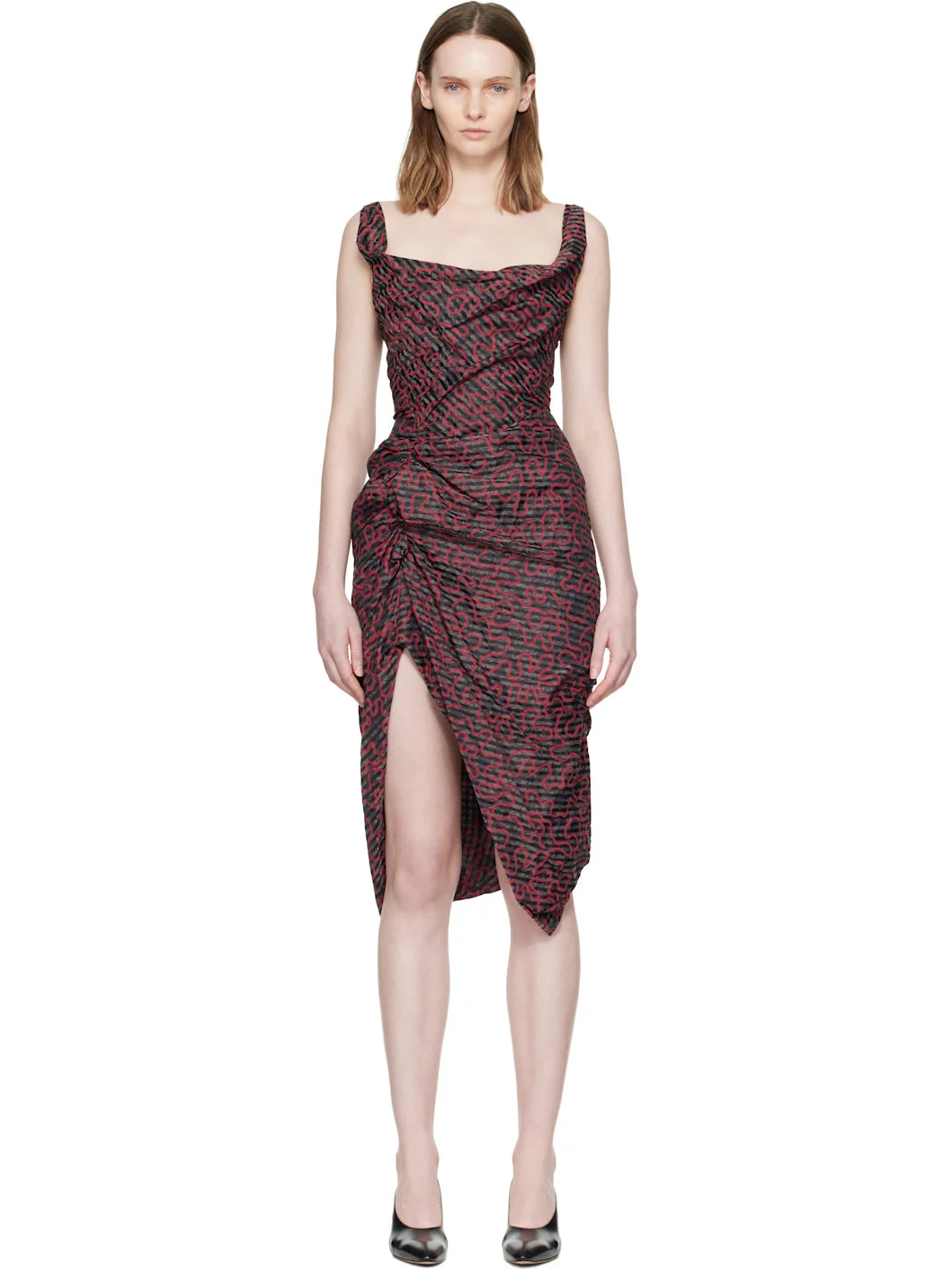 Black & Red Sleeveless Side Panther Midi Dress - 1