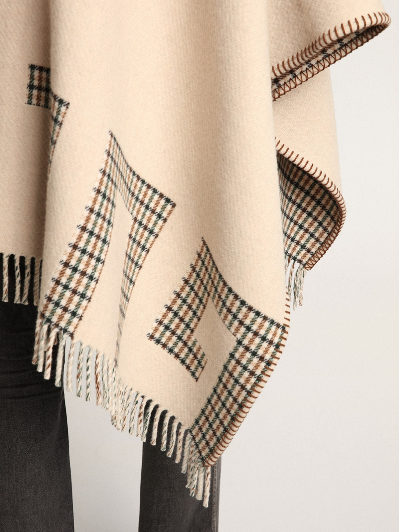 Poncho in double face cream-colored wool with check pattern and lettering 6