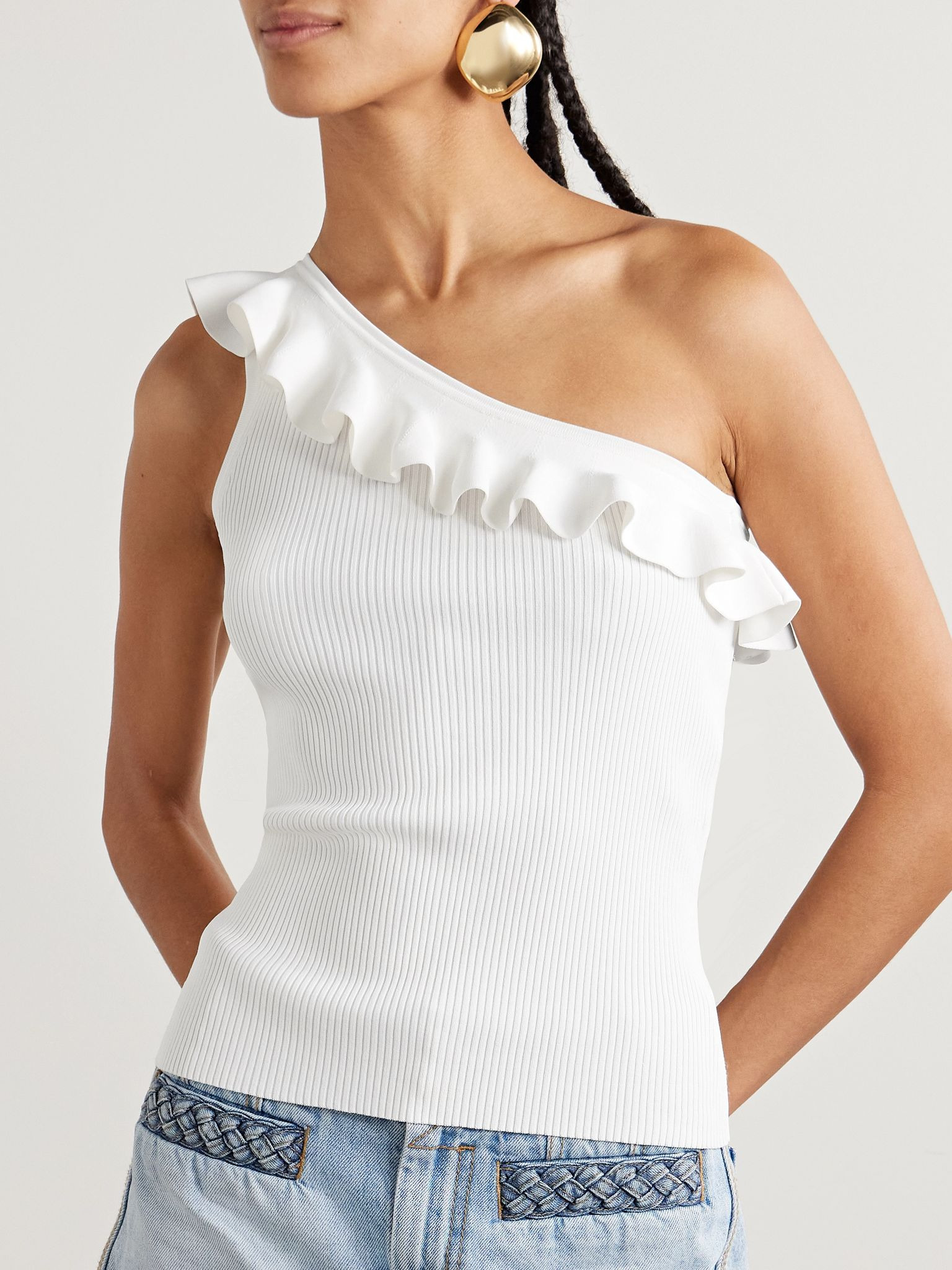 Rhiannon one-shoulder ruffled ribbed-knit top Ivory - 3