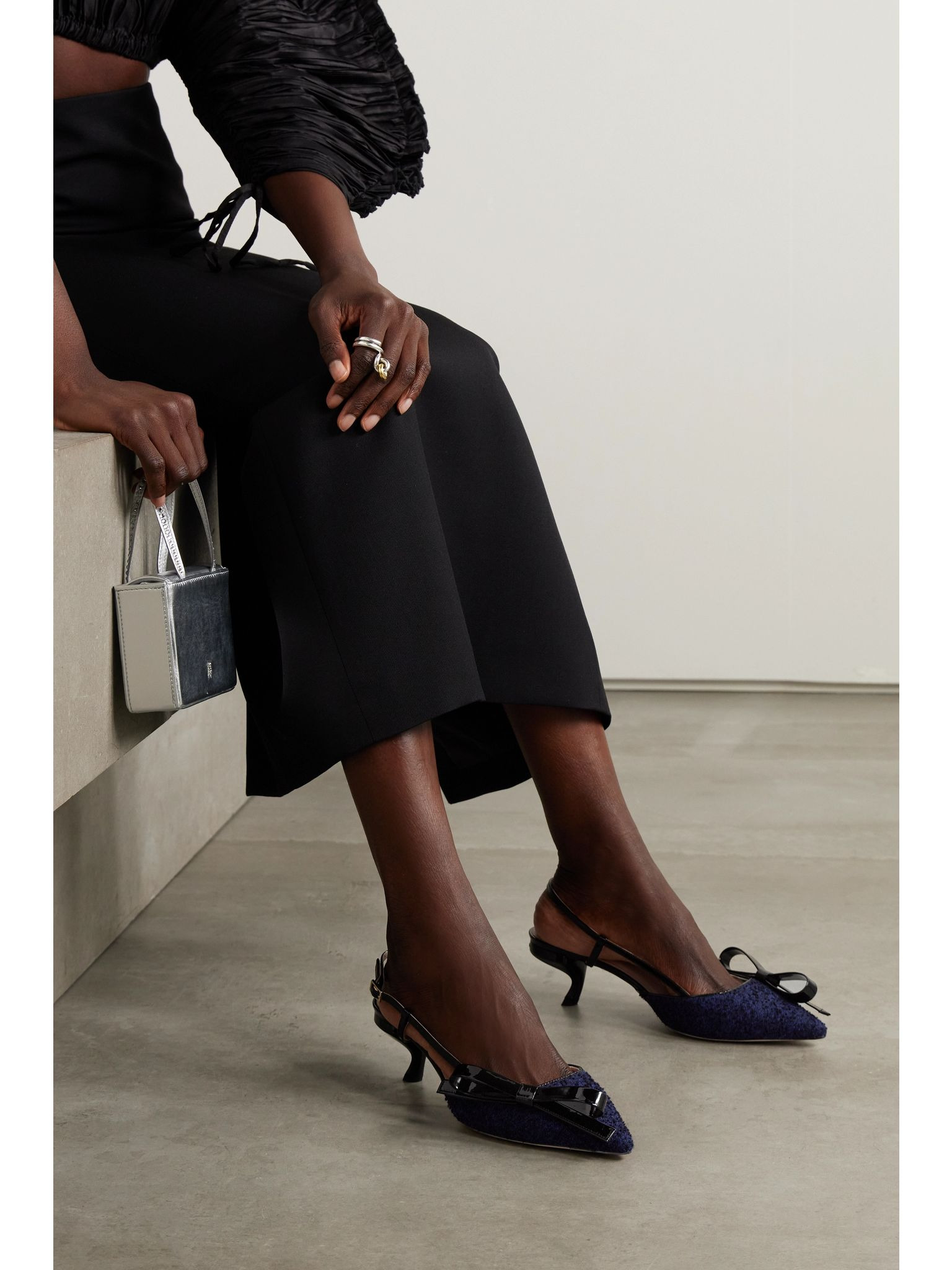 Virgule 55 patent-leather and bouclé-tweed slingback pumps Navy - 2