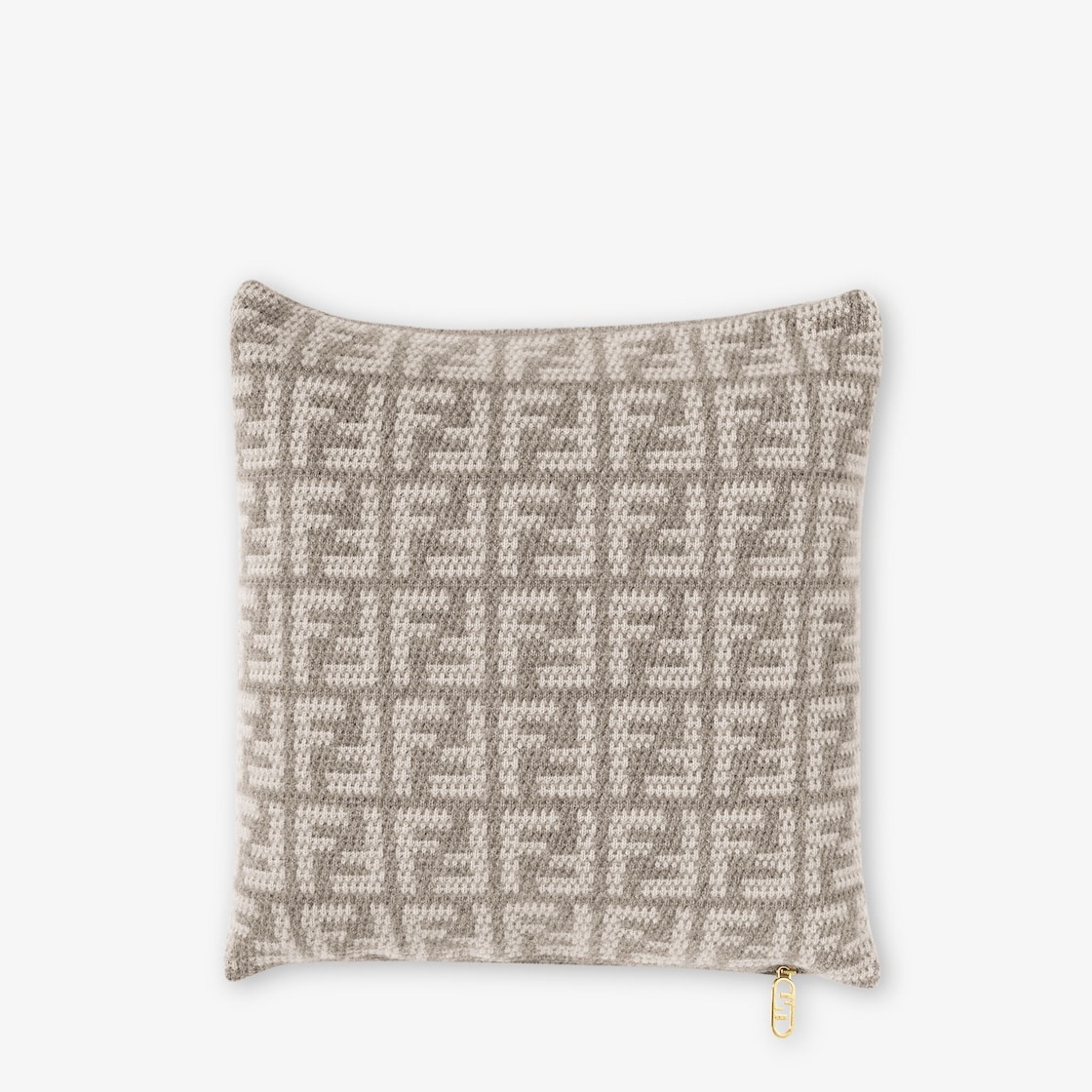 Two-tone soft cashmere square cushion with FF motif in natural tones of dove gray and white. Intent  - 2