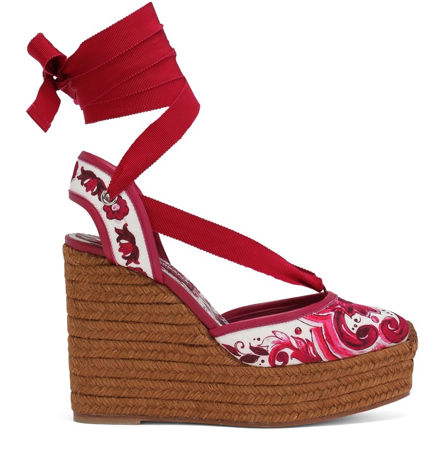 Rope-soled wedges in printed brocade fabric - 1