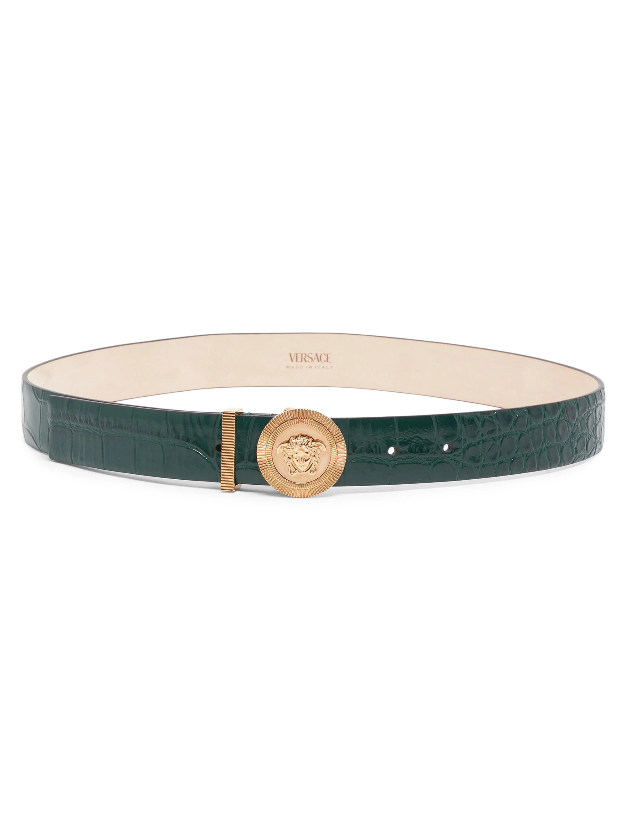 Women's Croc-Embossed Leather Medusa Belt - Dark Emerald Versace Gold - 1