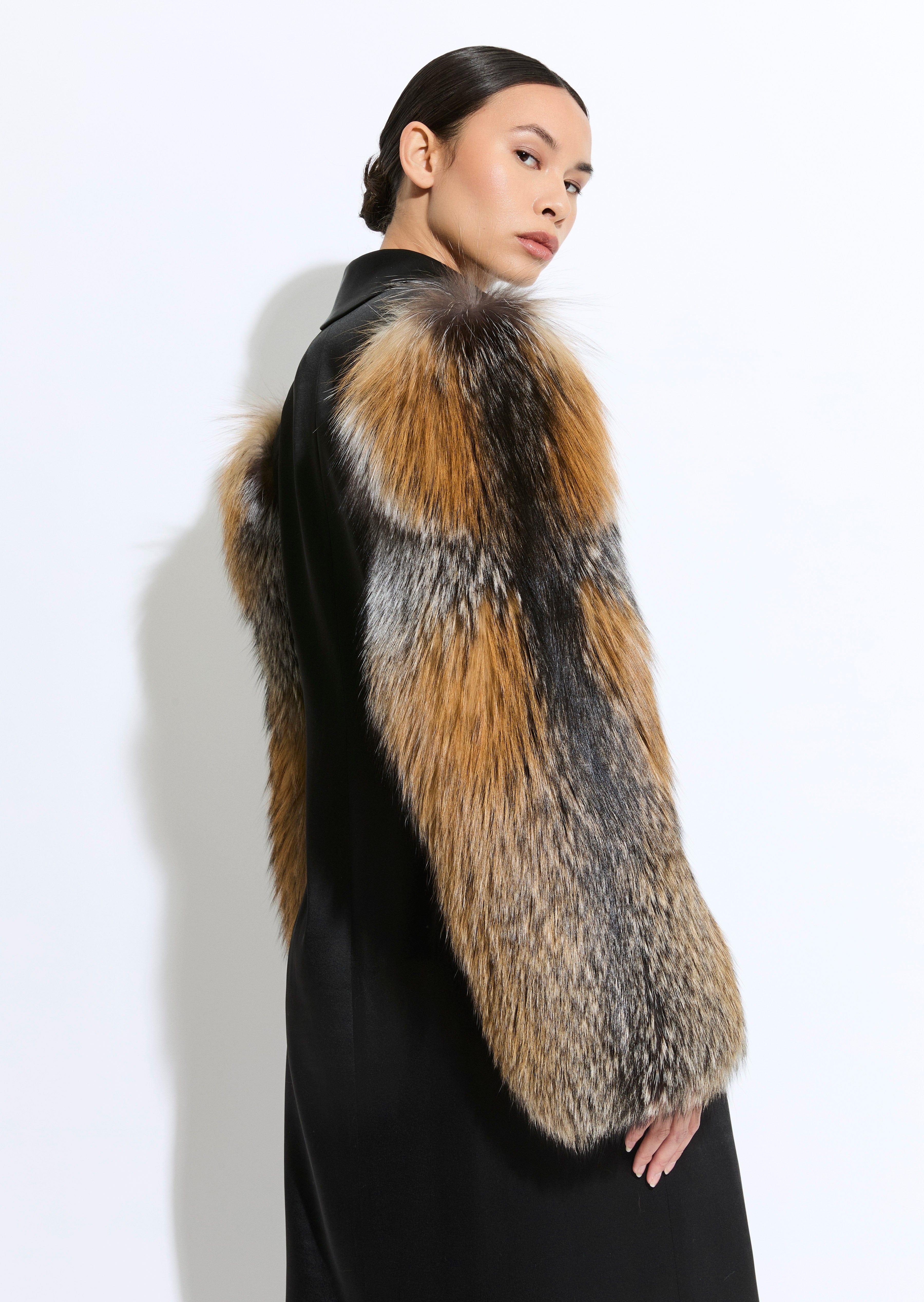 Satin Double Breasted Coat With Fur - 4