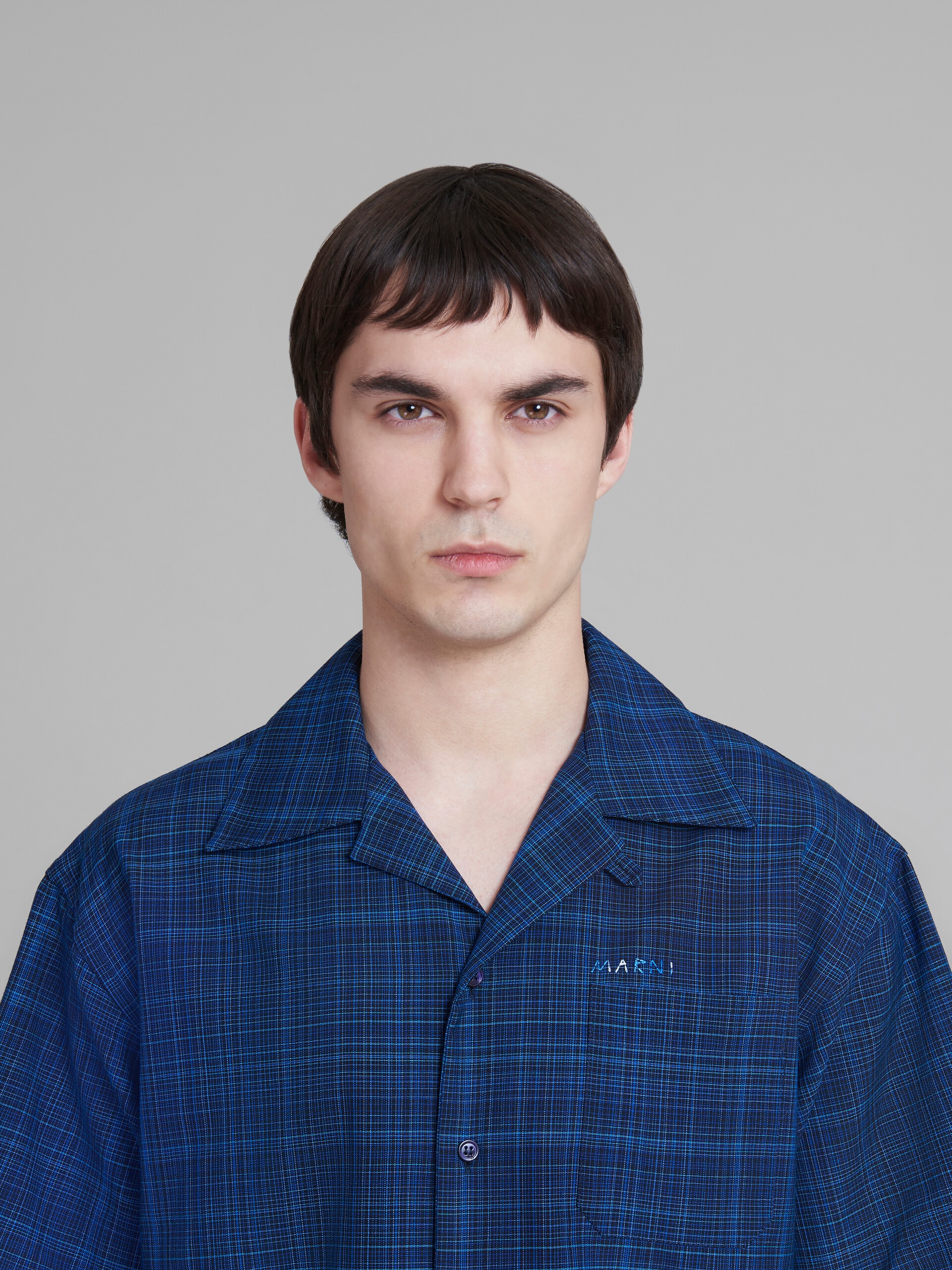 BLUE BOWLING SHIRT IN CHECKED LIGHT WOOL - 4