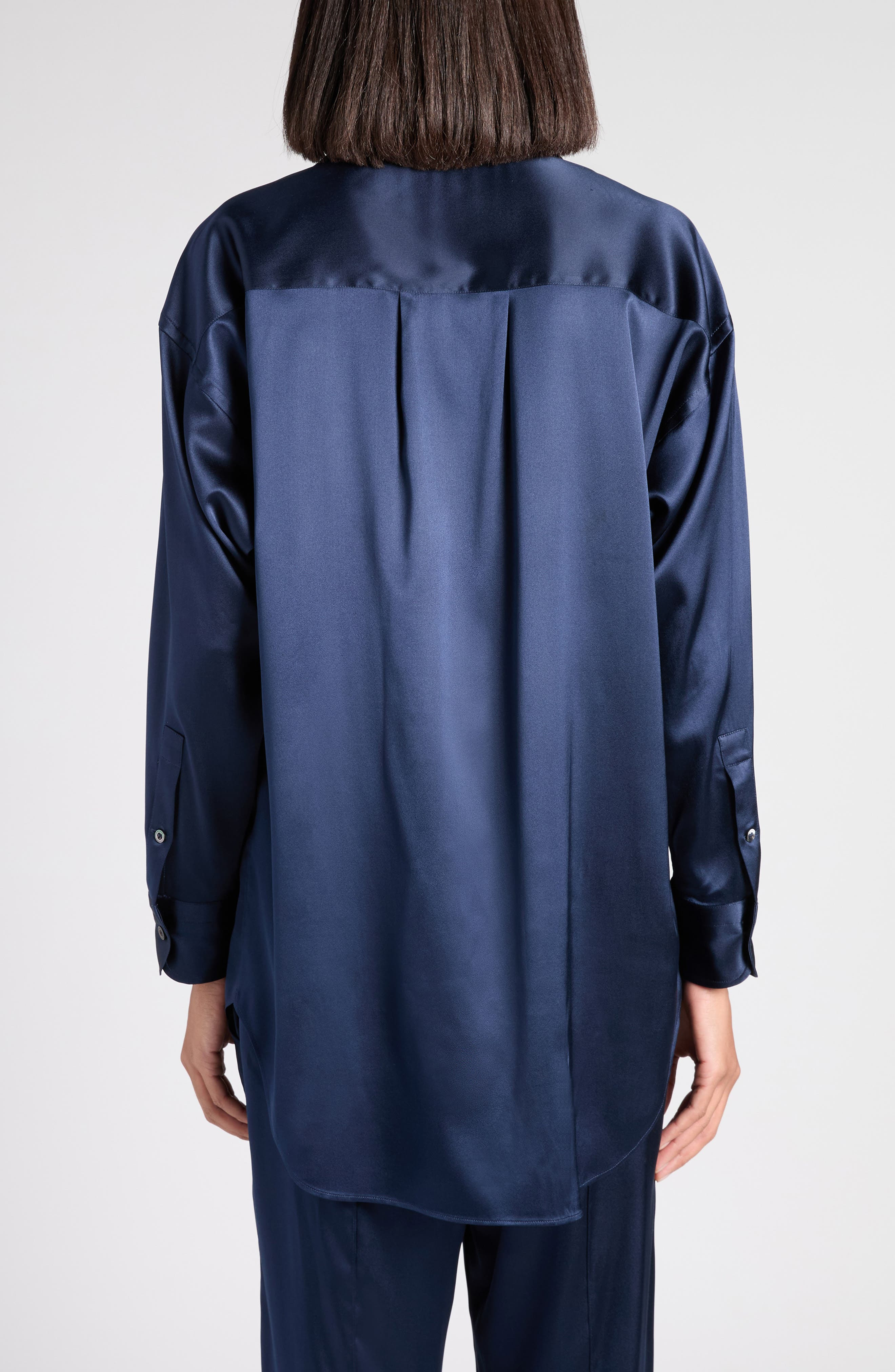 TOM FORD Relaxed Fit Stretch Silk Satin Blouse in Hb840 Dark Navy at Nordstrom - 3