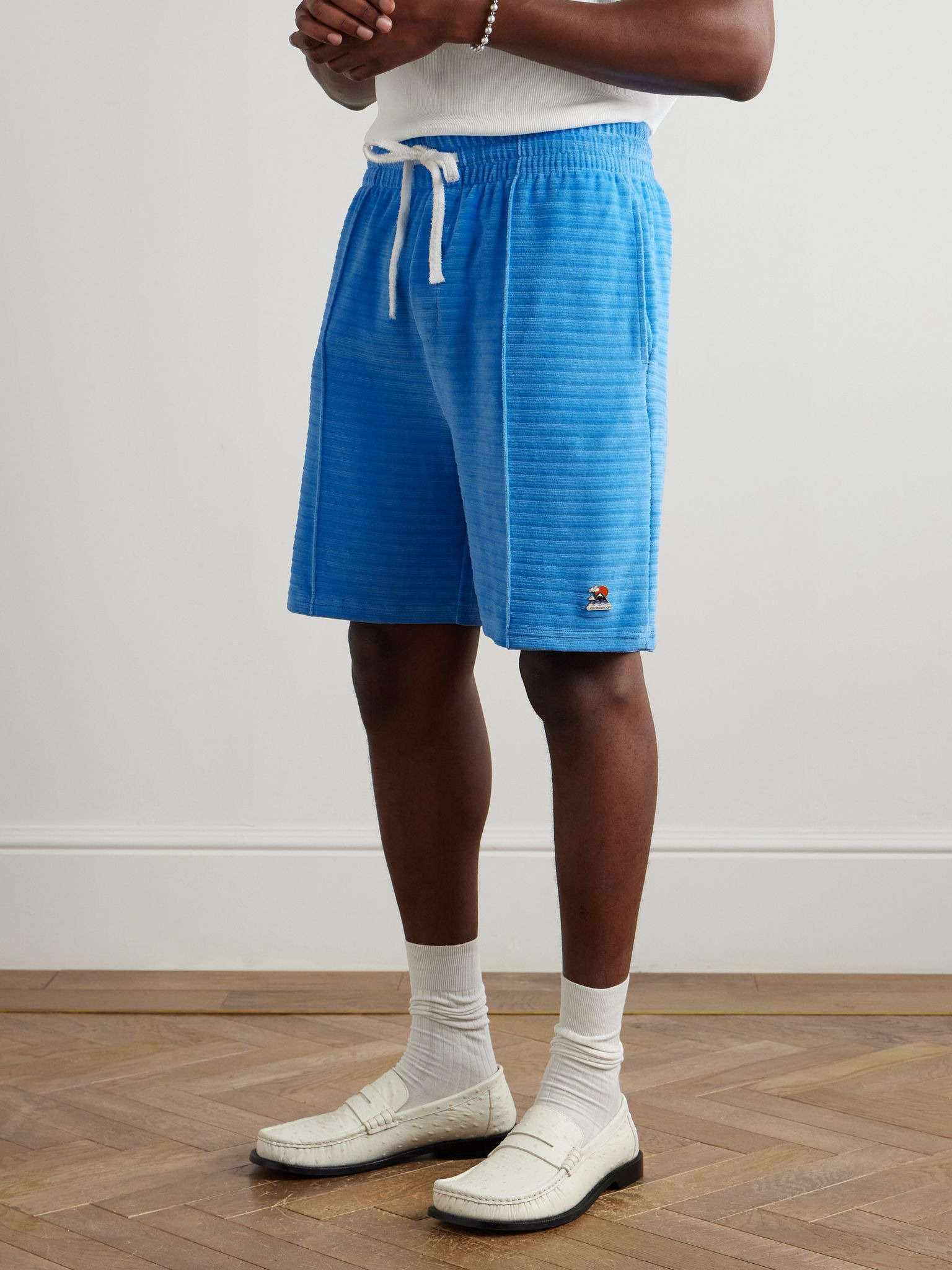 Straight-Leg Logo-Appliquéd Cotton-Blend Velour Shorts Blue - 3