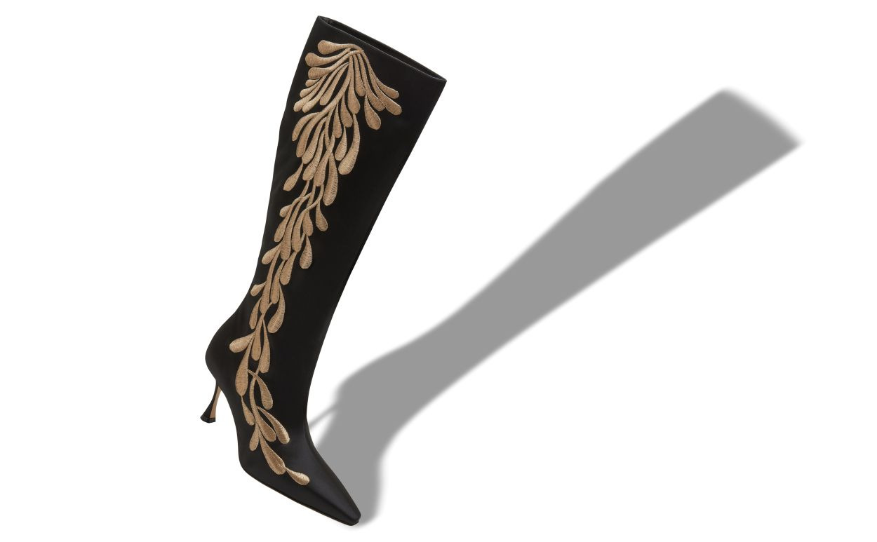 Black and Gold Satin Knee High Boots - 2