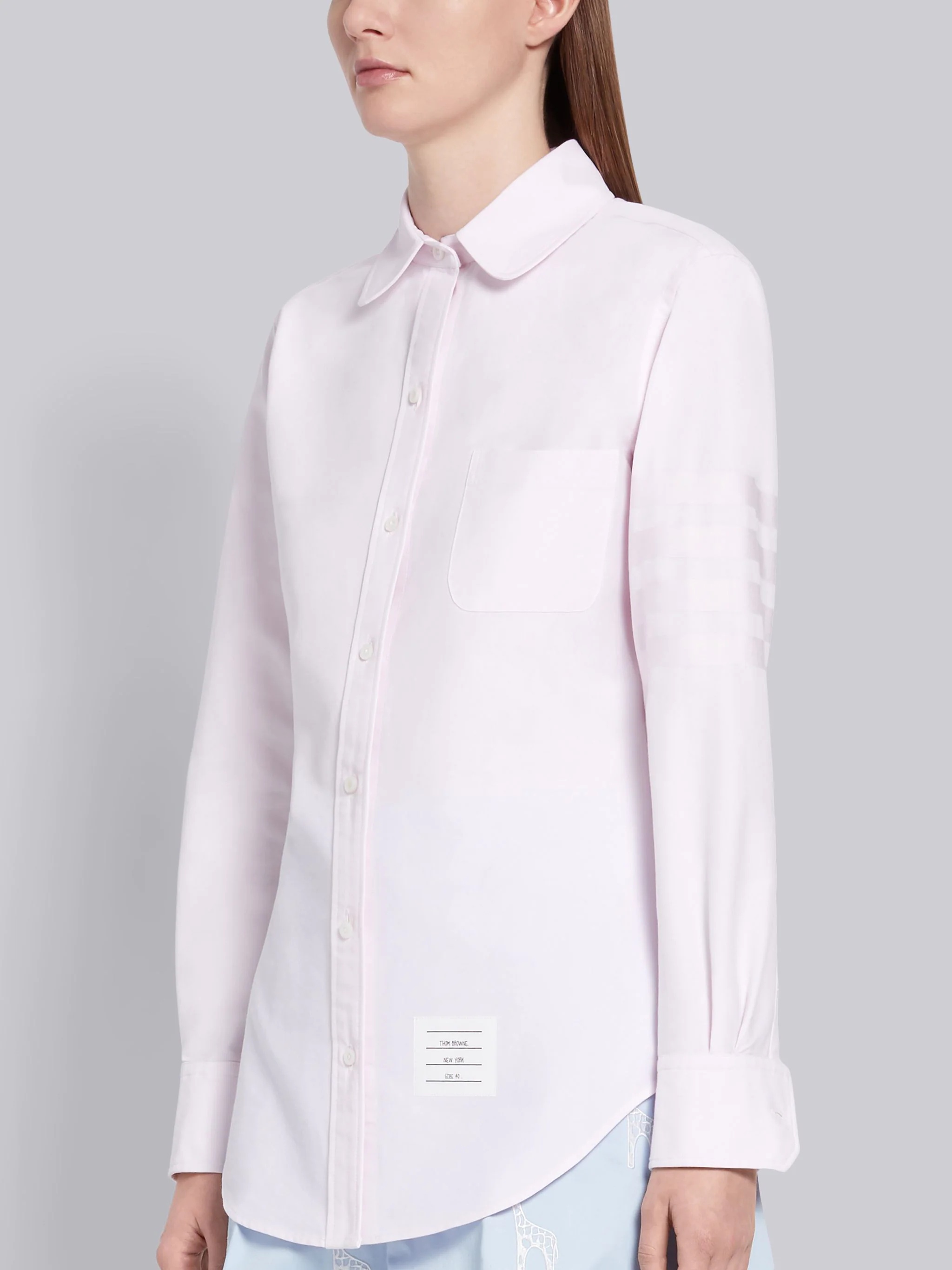 Light Pink Supima Cotton Oxford Satin Weave 4-Bar Long Sleeve Round Collar Shirt - 2