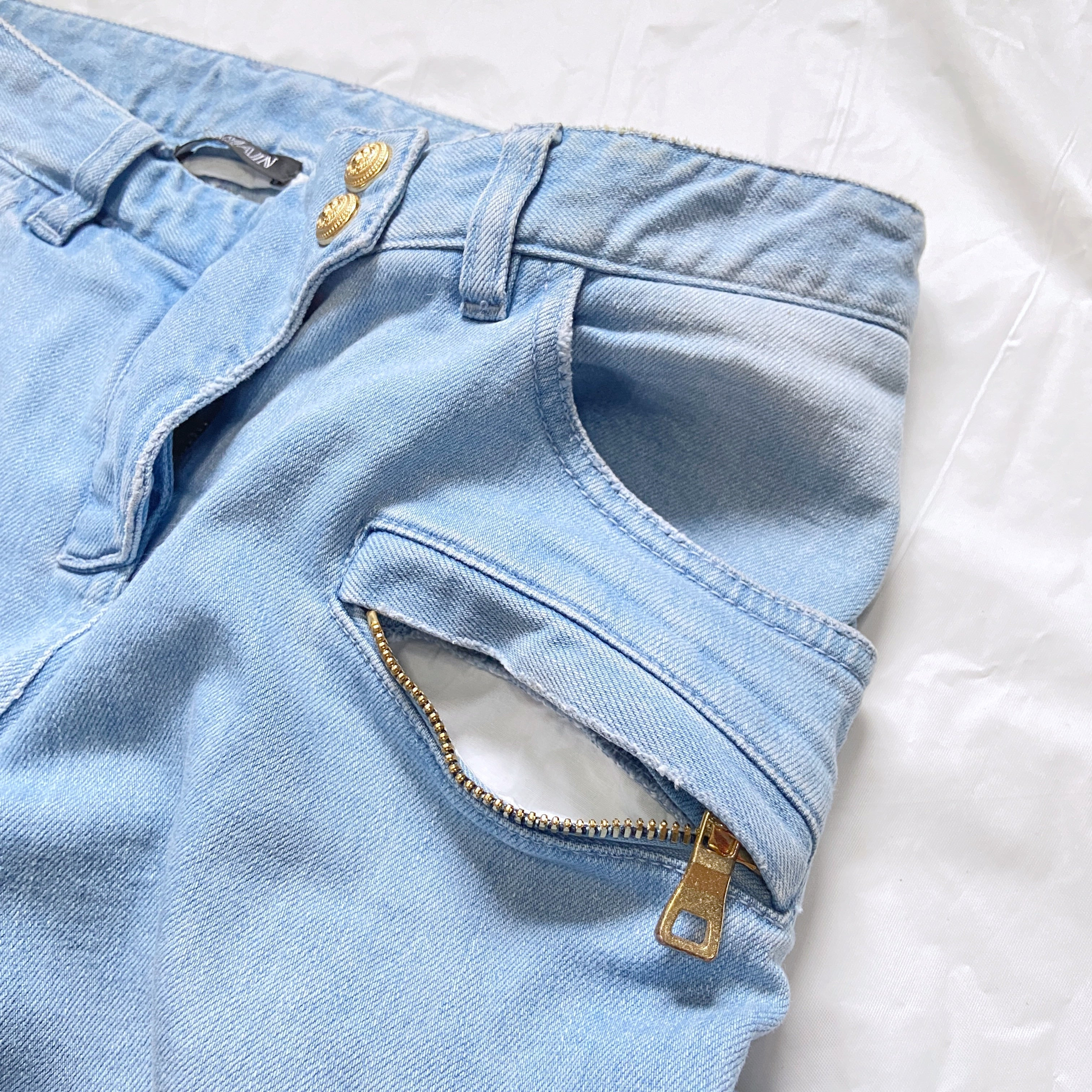 zOthers - Balmain Spring 2009 Decarnin era distressed light blue gold zipper jeans - 8