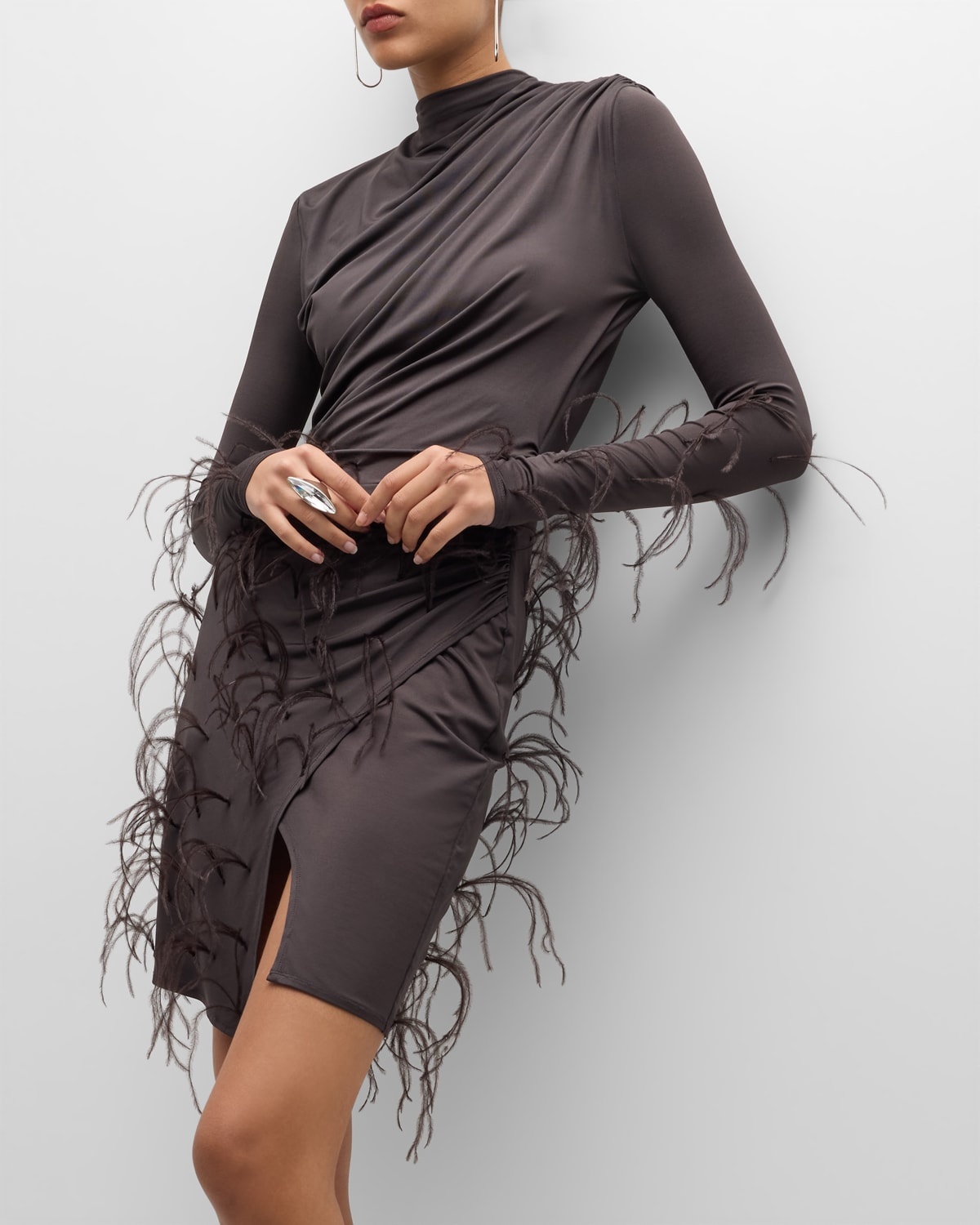 Feather-Trim Long-Sleeve Draped Jersey Mini Dress - 7