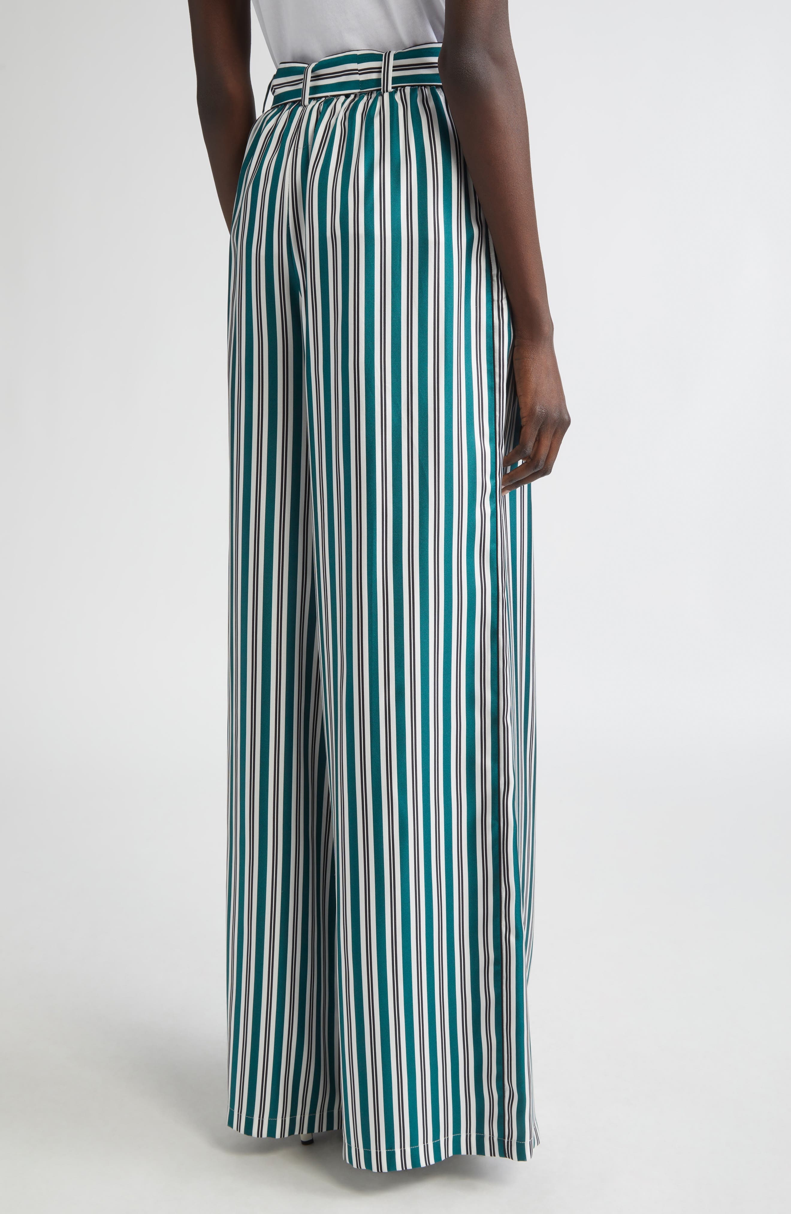 Max Mara Ladino Stripe Belted Wide Leg Silk Pants in Dark Green at Nordstrom - 3
