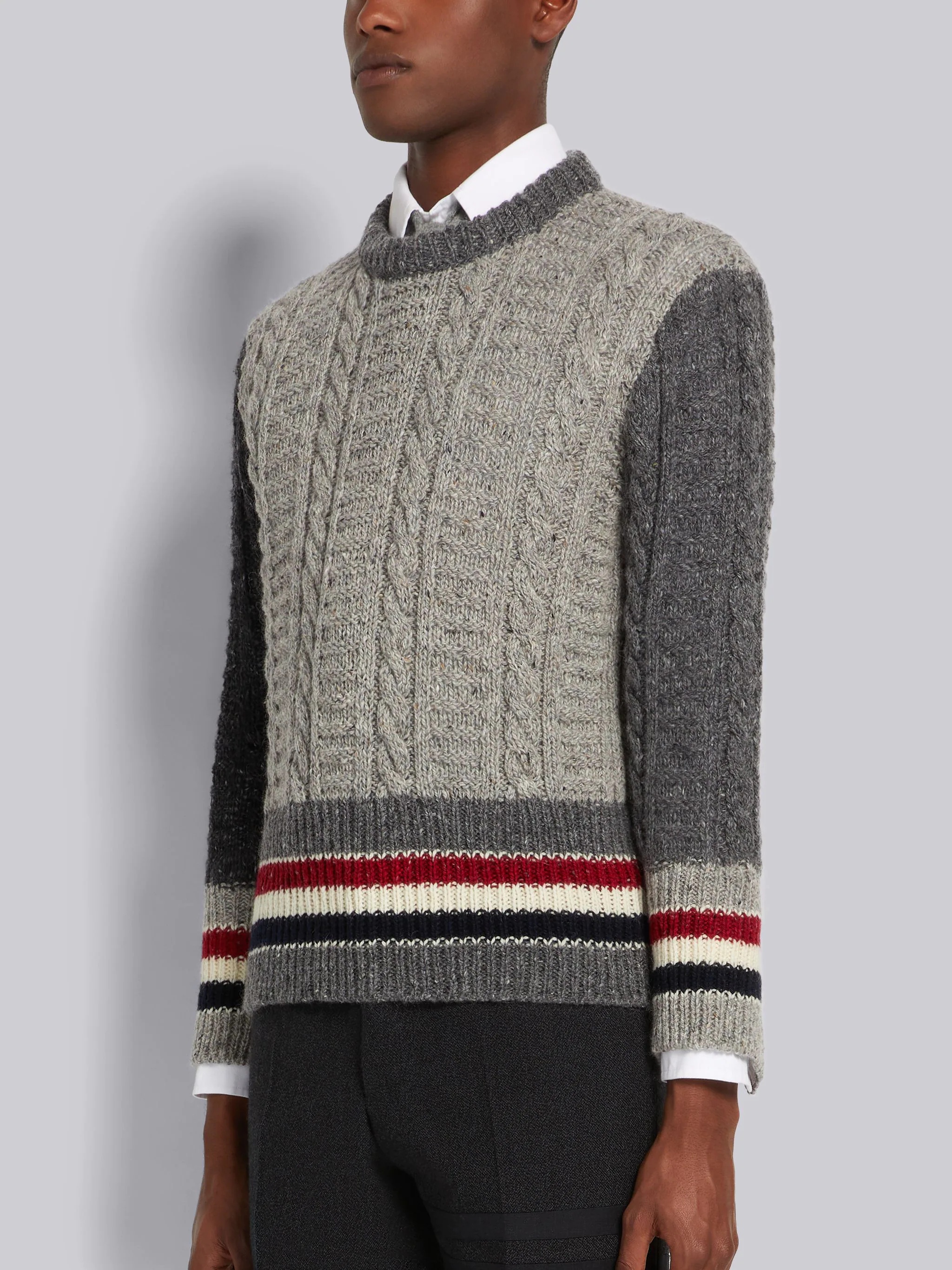 Tonal Grey Fun-Mix Mohair Tweed Stripe Pullover - 2