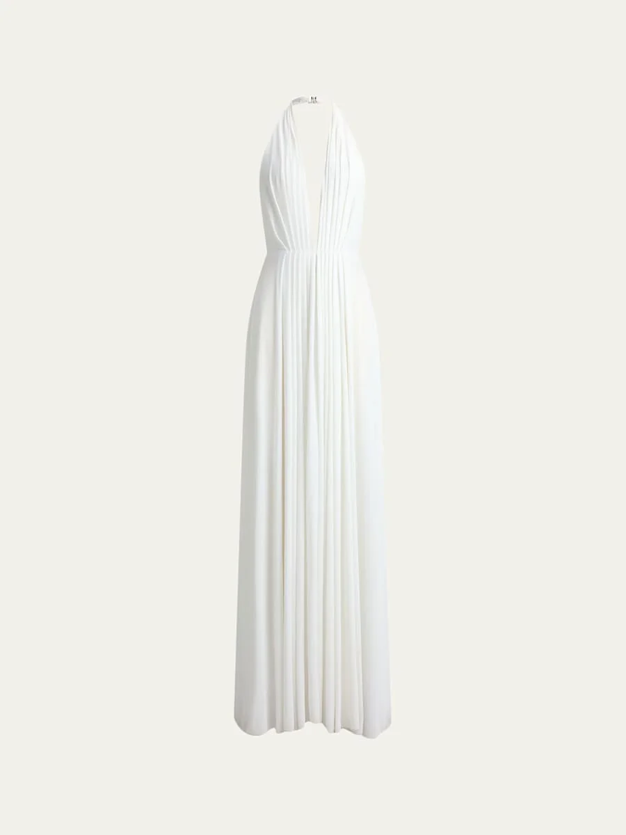 Sleeveless Pleated Plunging Halter Gown - 1