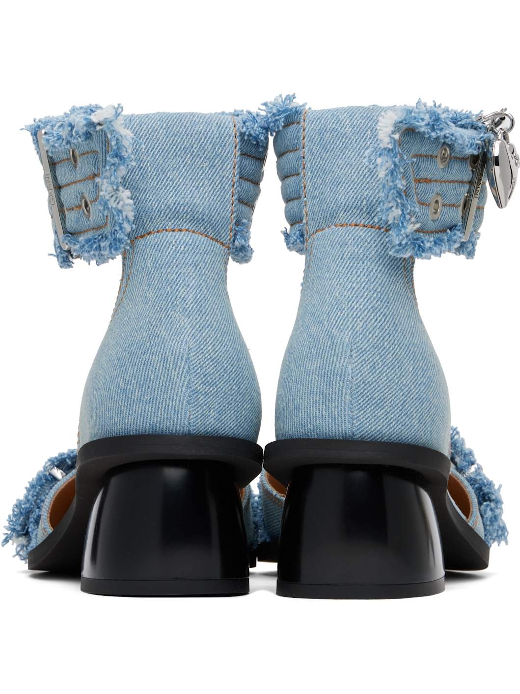 Blue Denim Feminine Buckle Open Cut Heels - 2