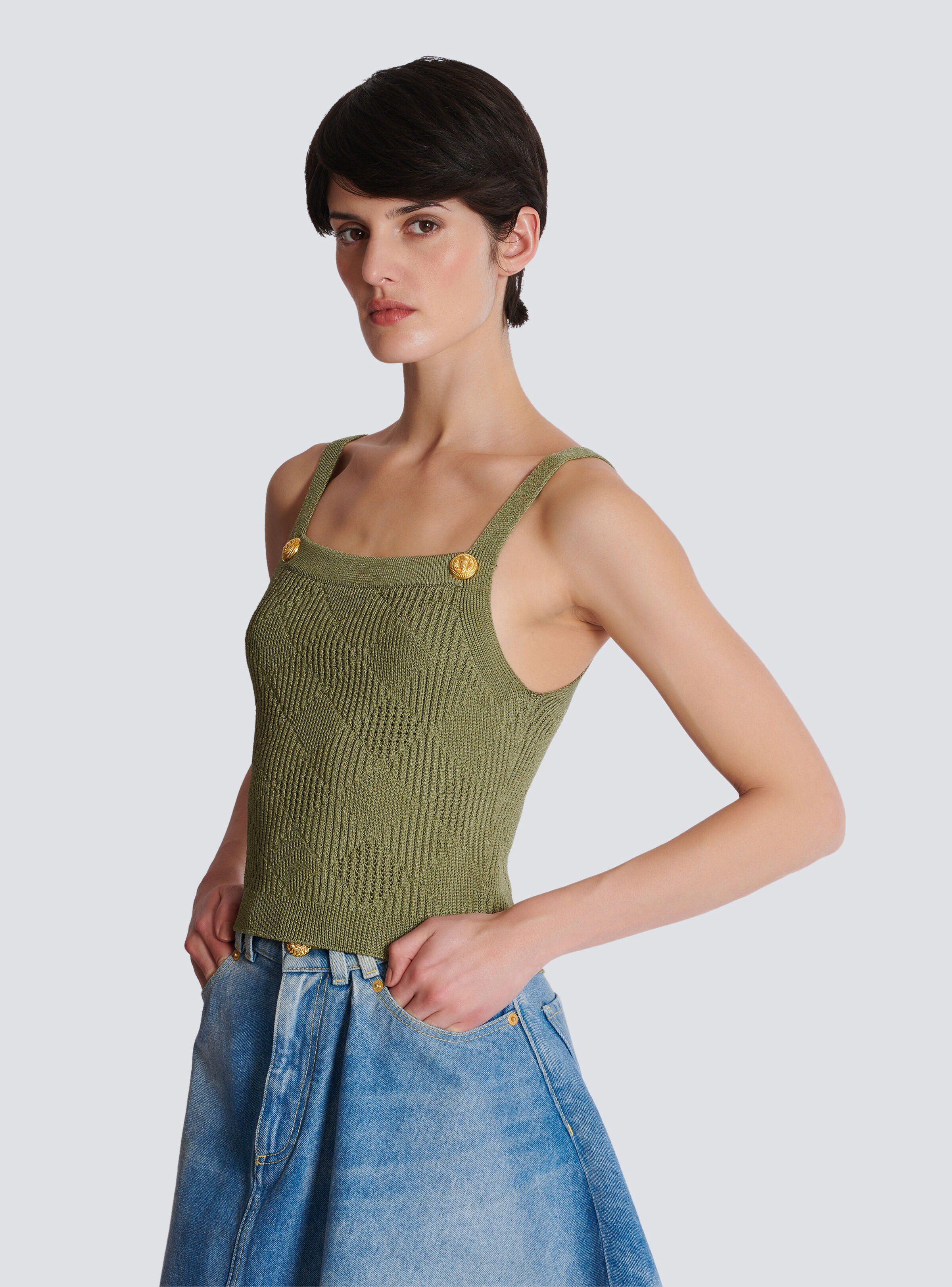 Cropped top in gingham openwork knit - 6