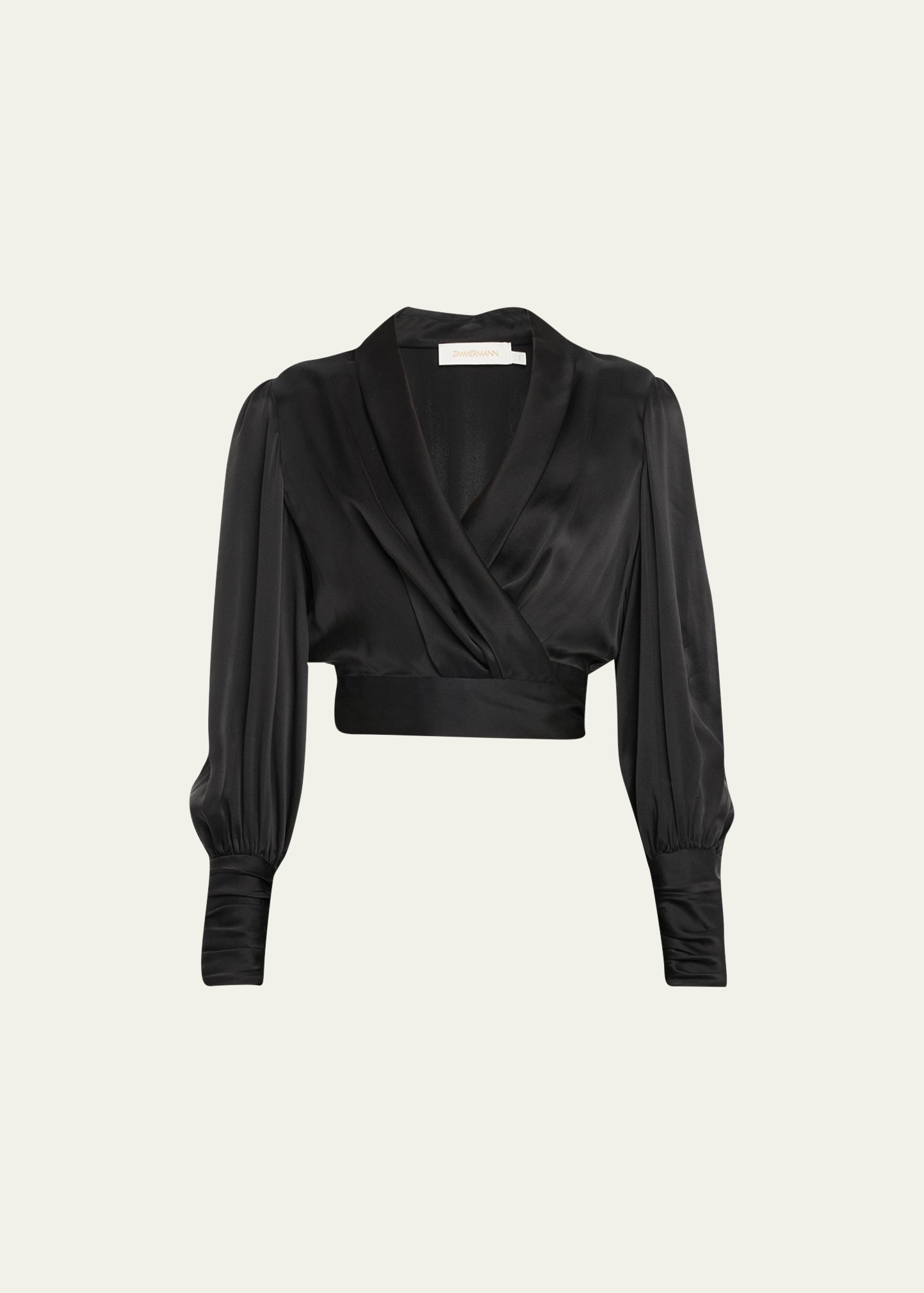Silk Blouson-Sleeve Wrap Top - 1