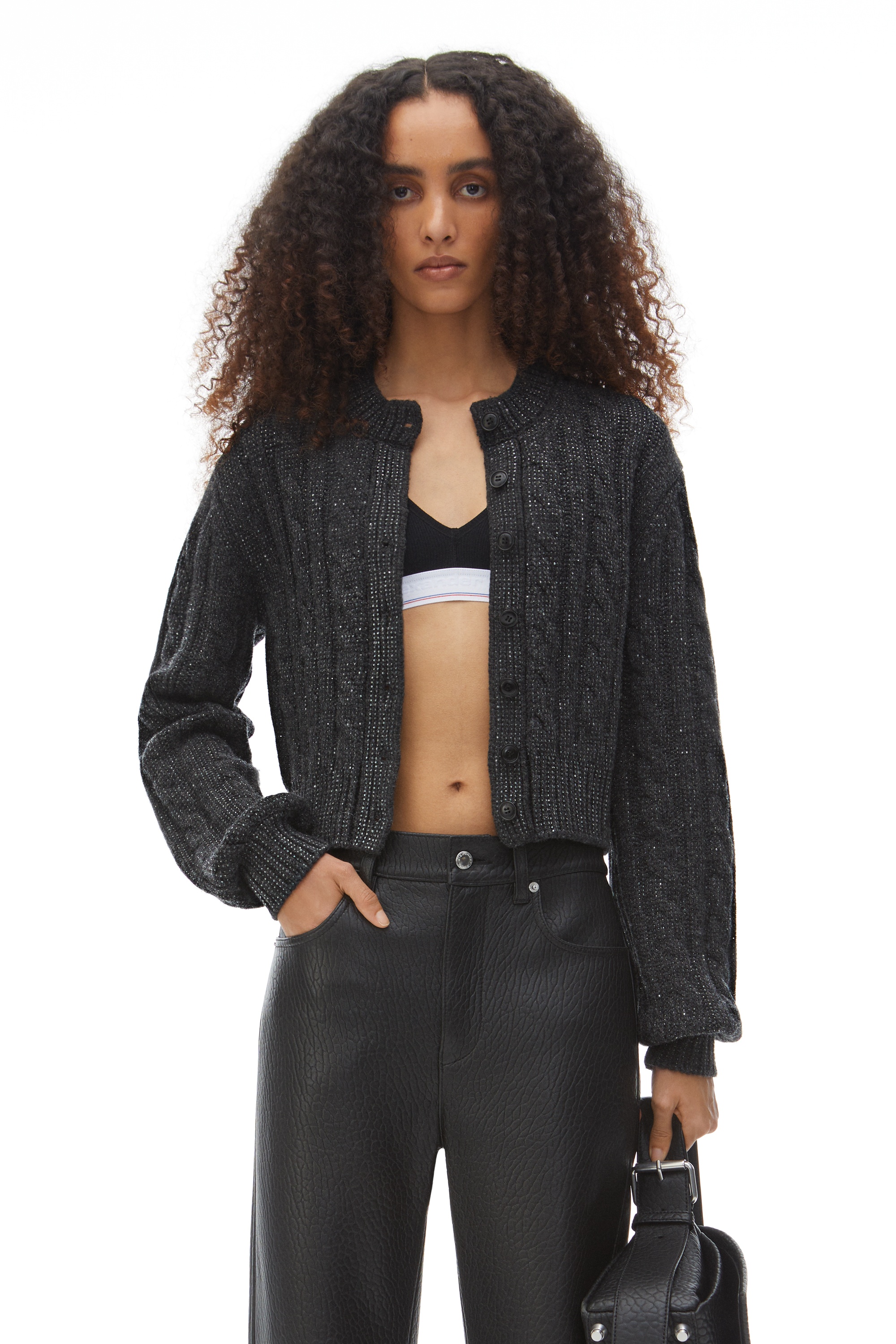 Clear Bead Hotfix Cable-Knit Cardigan in Boiled Wool - 2
